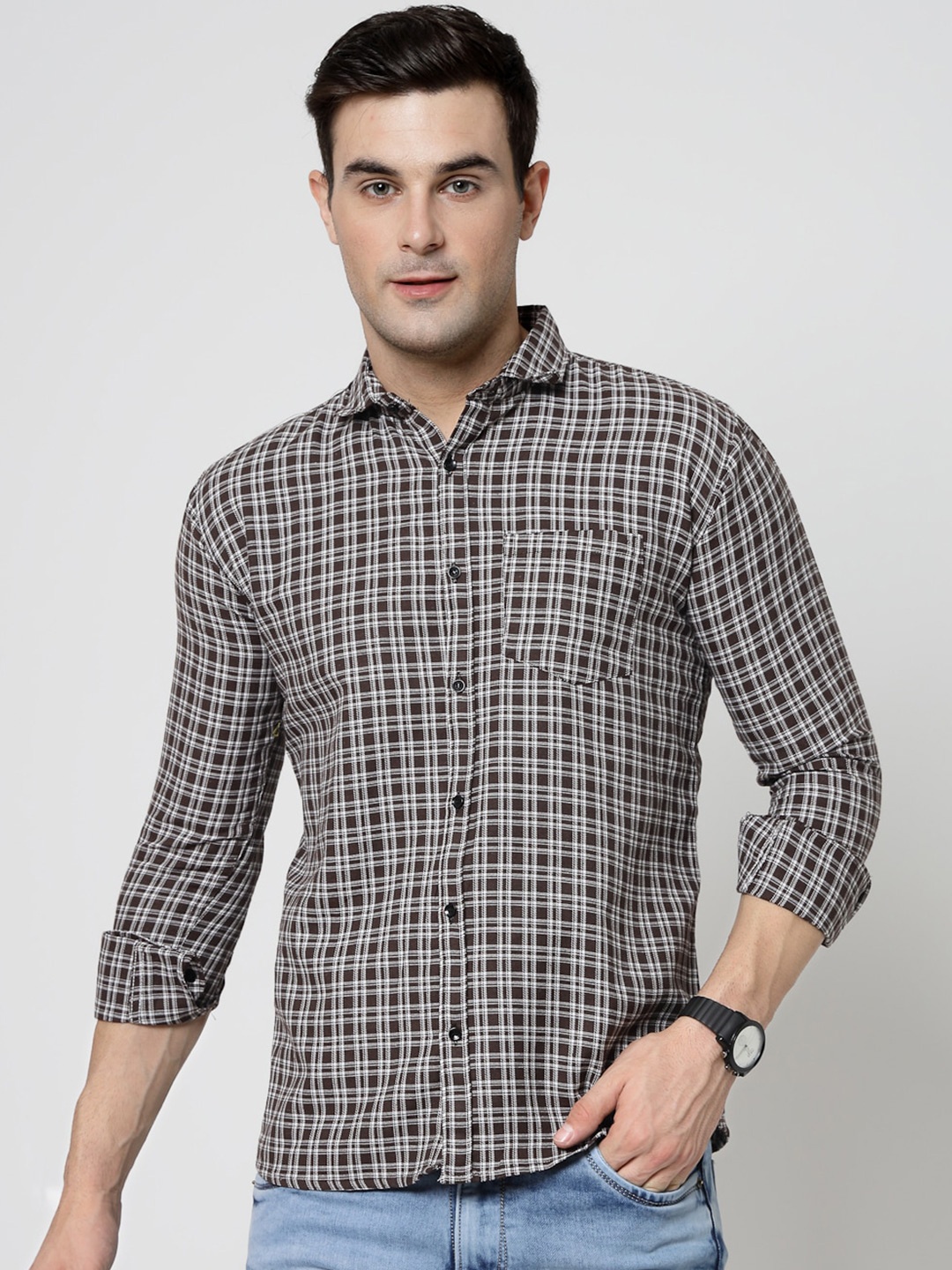 

ADWYN PETER New Spread Collar Tartan Checks Opaque Casual Shirt, Brown