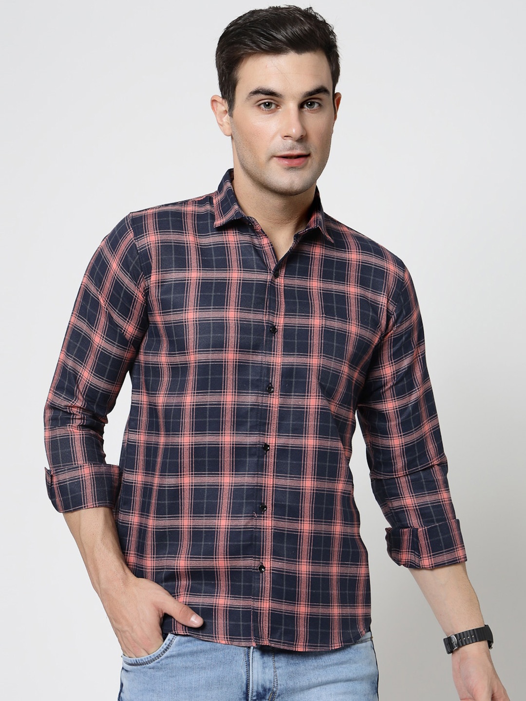 

ADWYN PETER New Spread Collar Tartan Checks Opaque Casual Shirt, Blue
