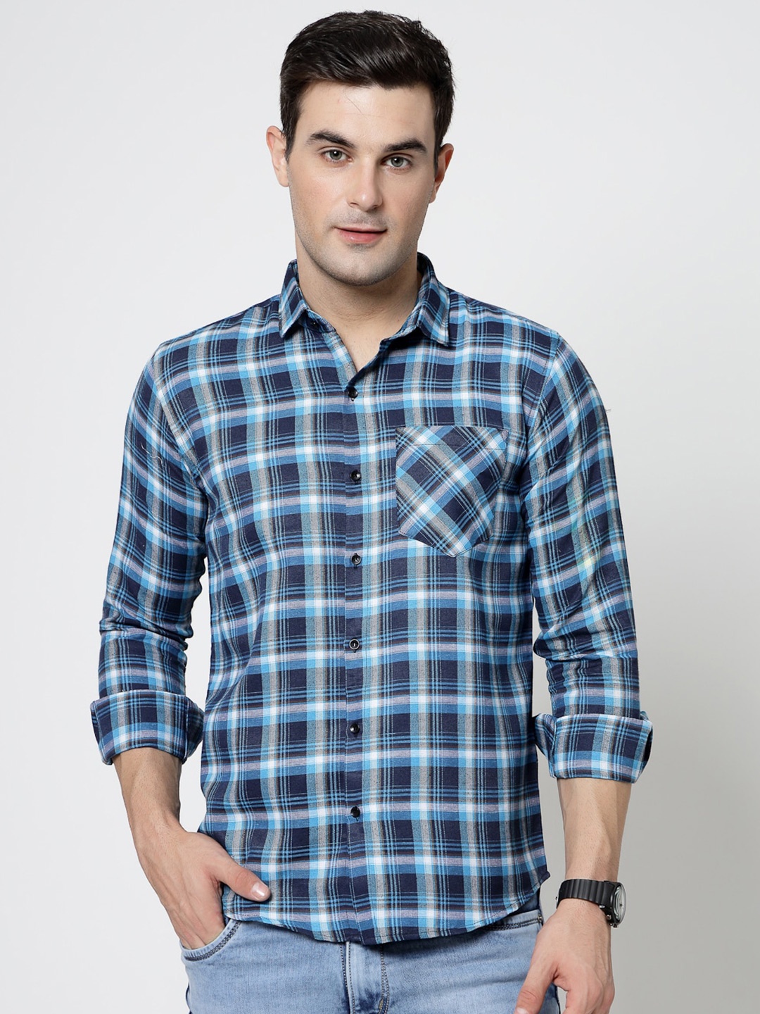 

ADWYN PETER New Spread Collar Tartan Checks Opaque Casual Shirt, Blue