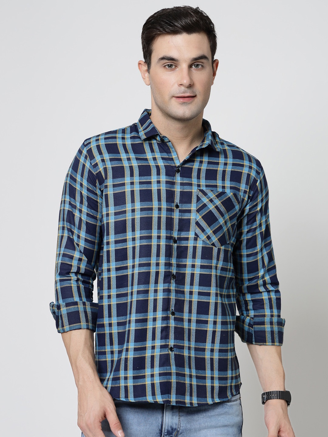 

ADWYN PETER New Spread Collar Tartan Checks Opaque Casual Shirt, Blue