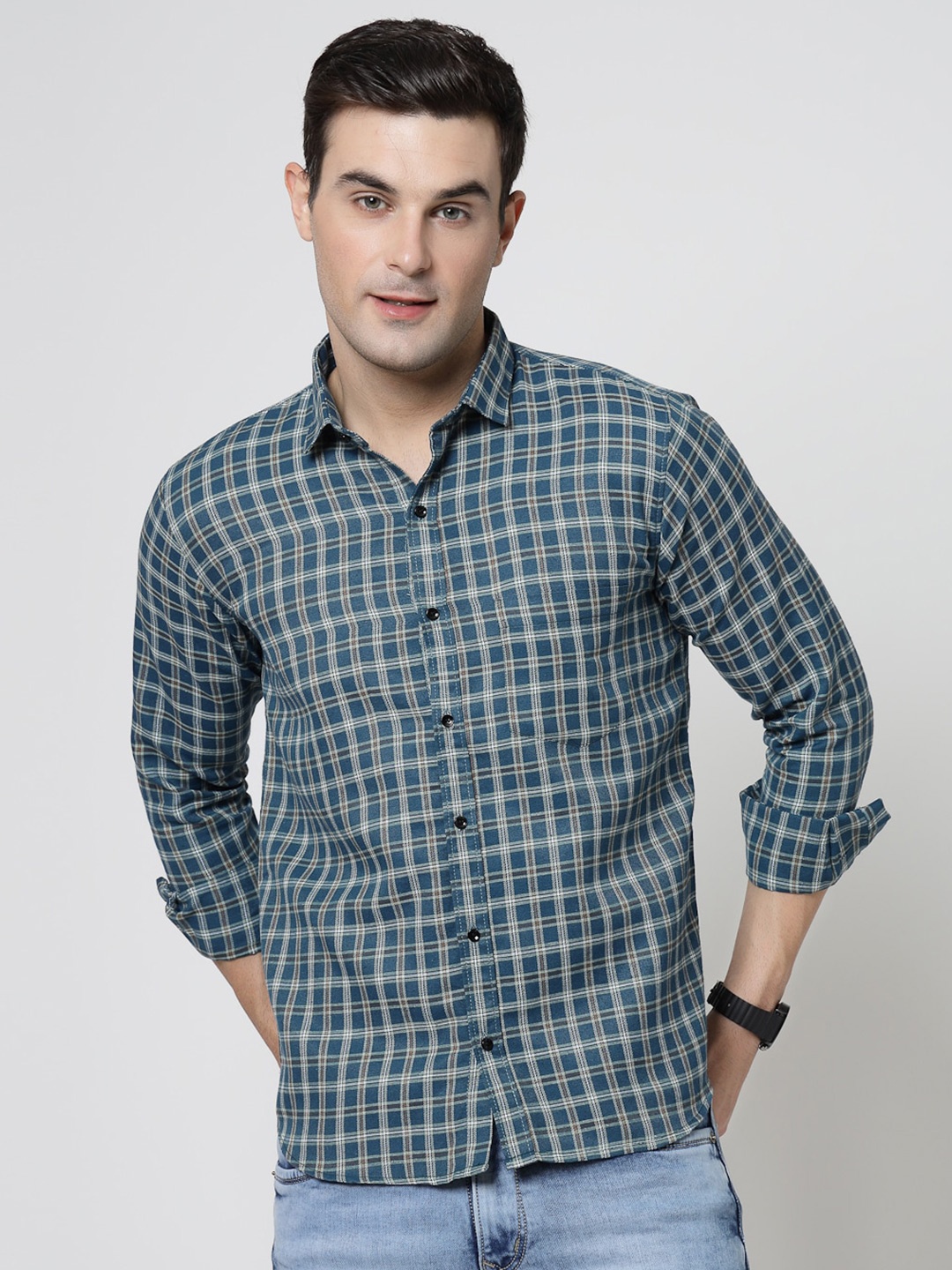 

ADWYN PETER New Spread Collar Tartan Checks Opaque Casual Shirt, Blue