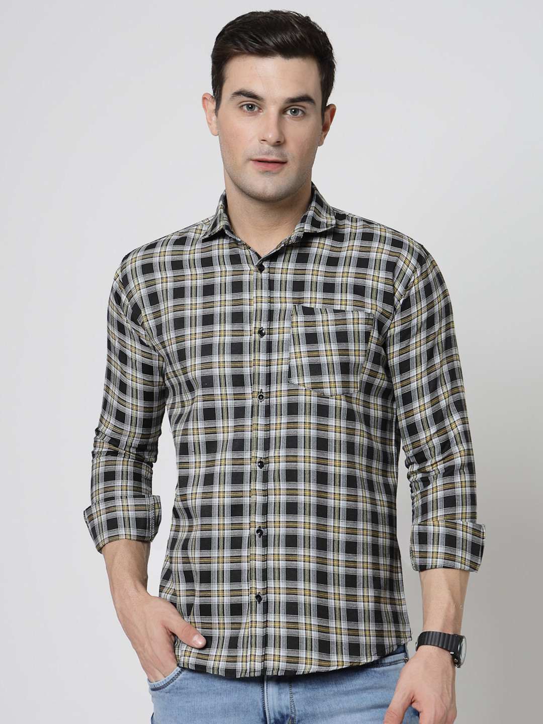 

ADWYN PETER New Spread Collar Tartan Checks Opaque Casual Shirt, Blue