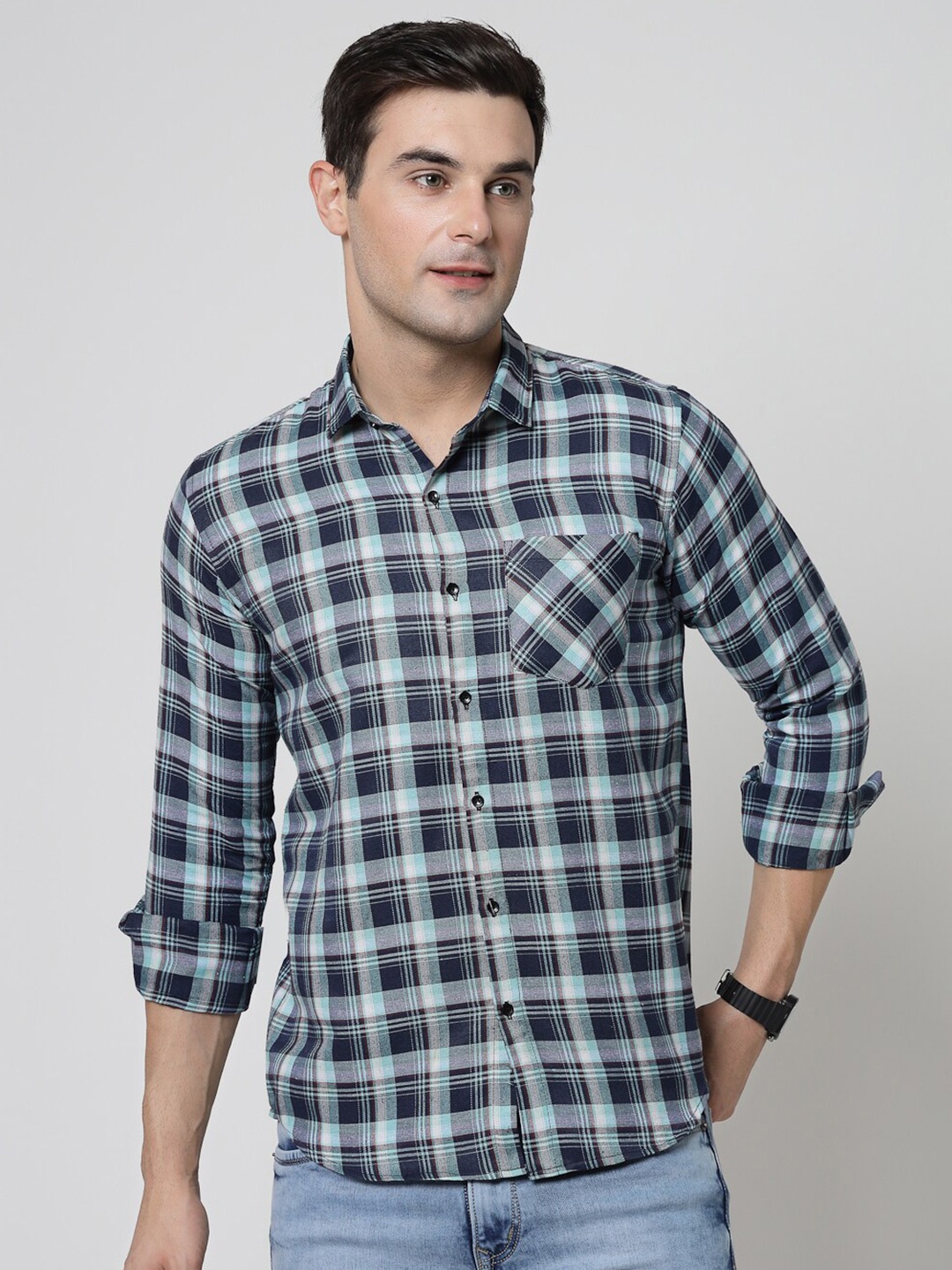 

ADWYN PETER New Spread Collar Opaque Checked Casual Shirt, Blue