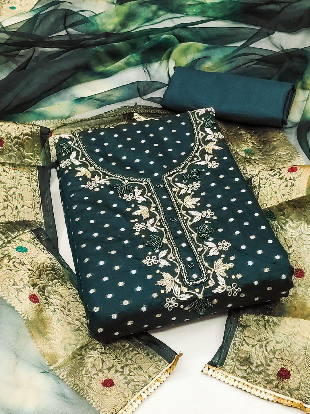 

KIMISHA Polka Dots Woven Design Beads & Stones Unstitched Dress Material, Green