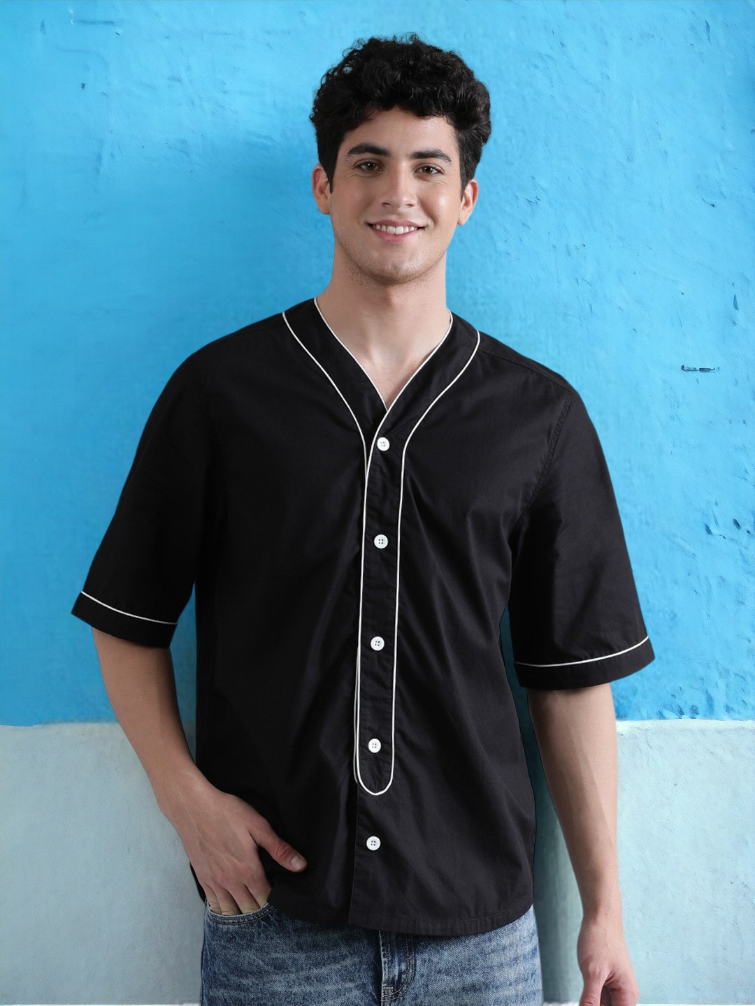 

Bene Kleed Men Pure Cotton Opaque Baseball Shirt, Black