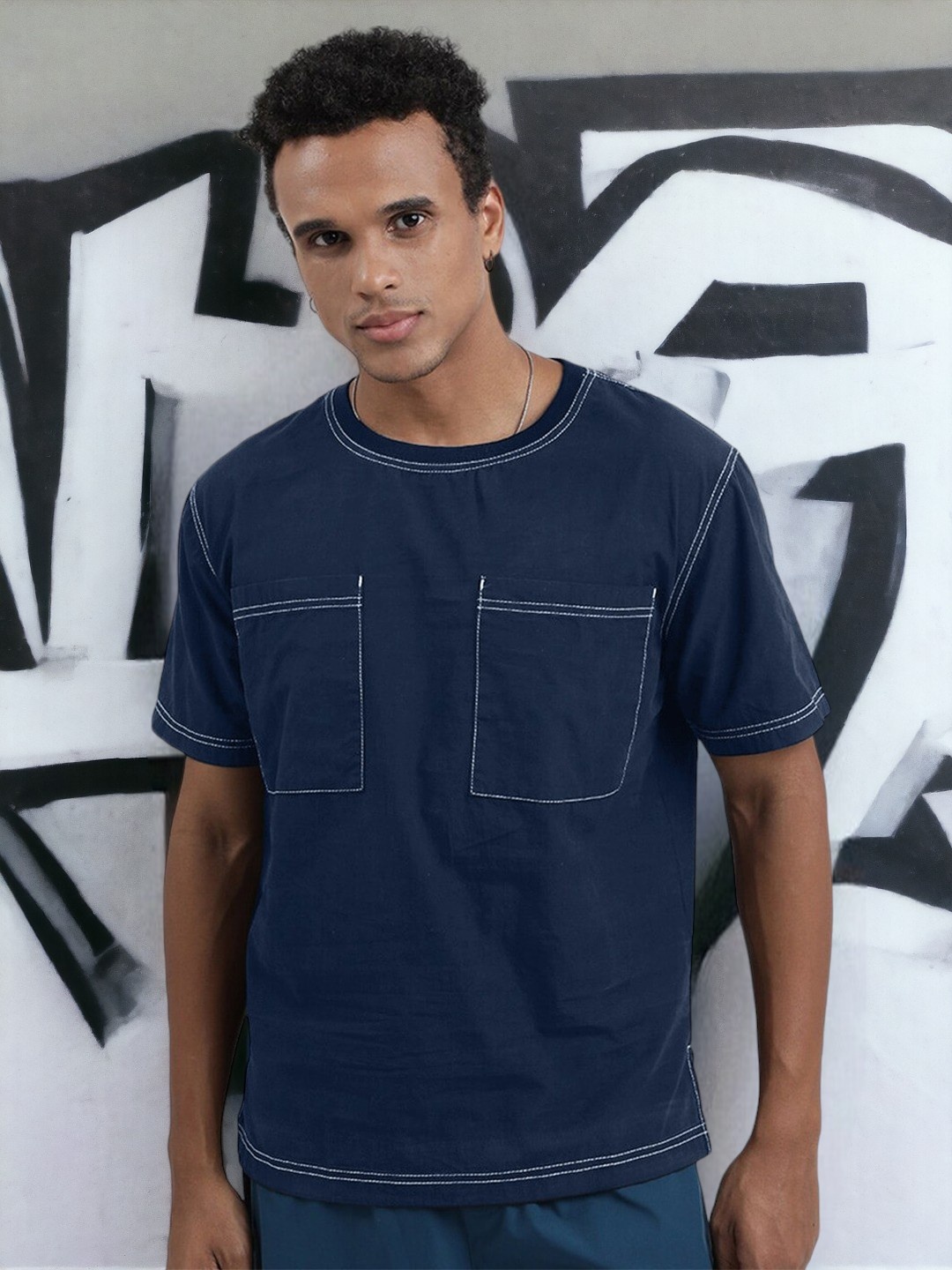 

Bene Kleed Pure Cotton Relaxed fit round neck T-Shirt with contrast stitch, Blue