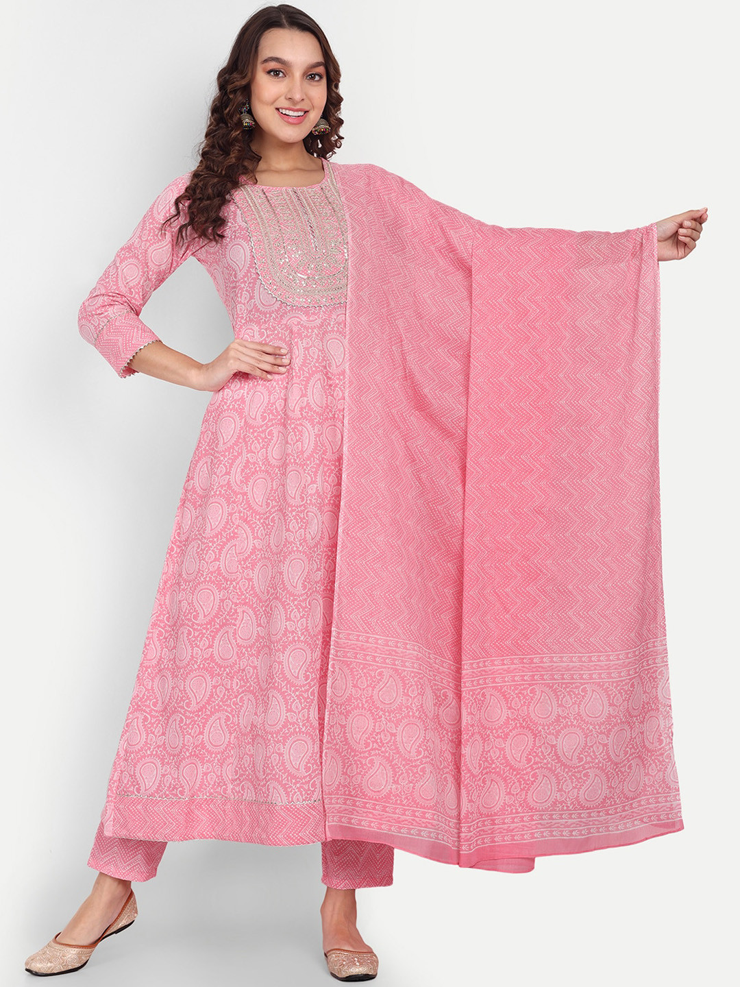 

Aarti Fashion Paisley Embroidered Pure Cotton Anarkali Kurta With Trousers & Dupatta, Pink
