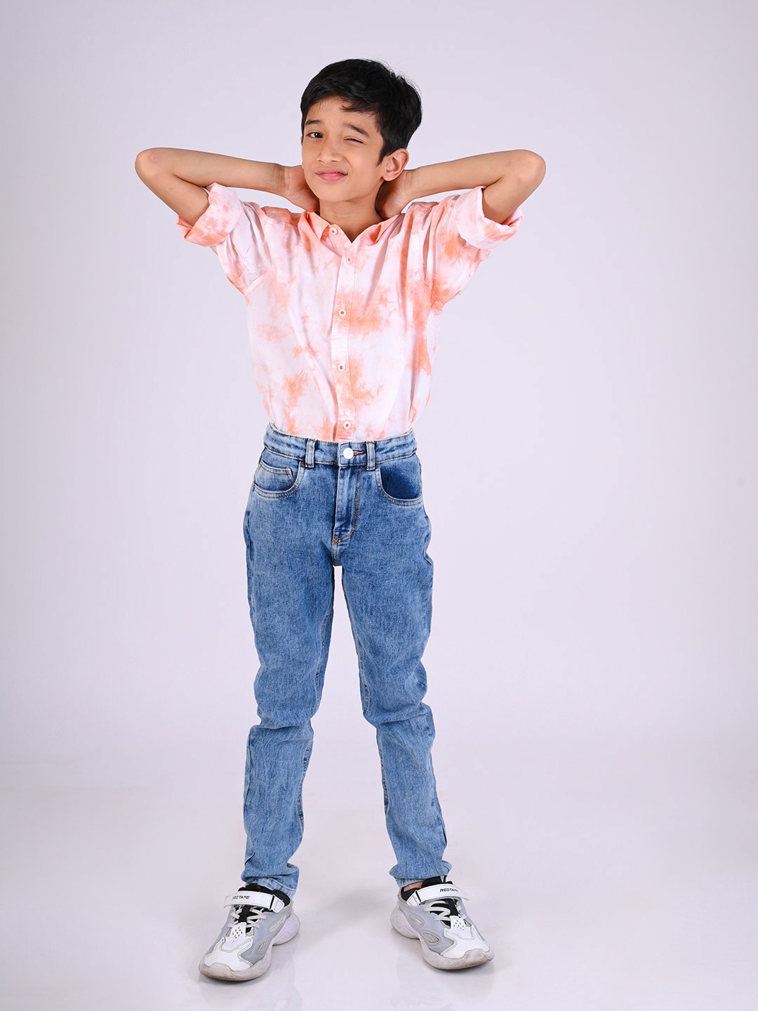

TALES & STORIES Boys Tie & Dye Printed Spread Collar Cotton Opaque Casual Shirt, White