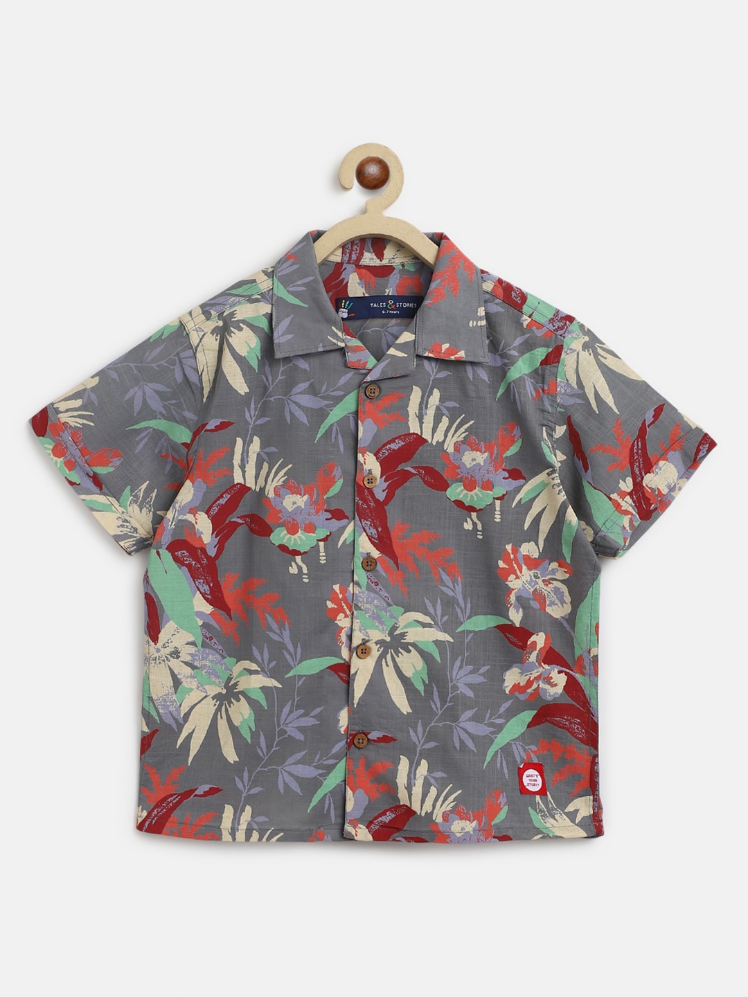 

TALES & STORIES Boys Floral Printed Spread Collar Short Sleeves Cotton Casual Shirt, Grey