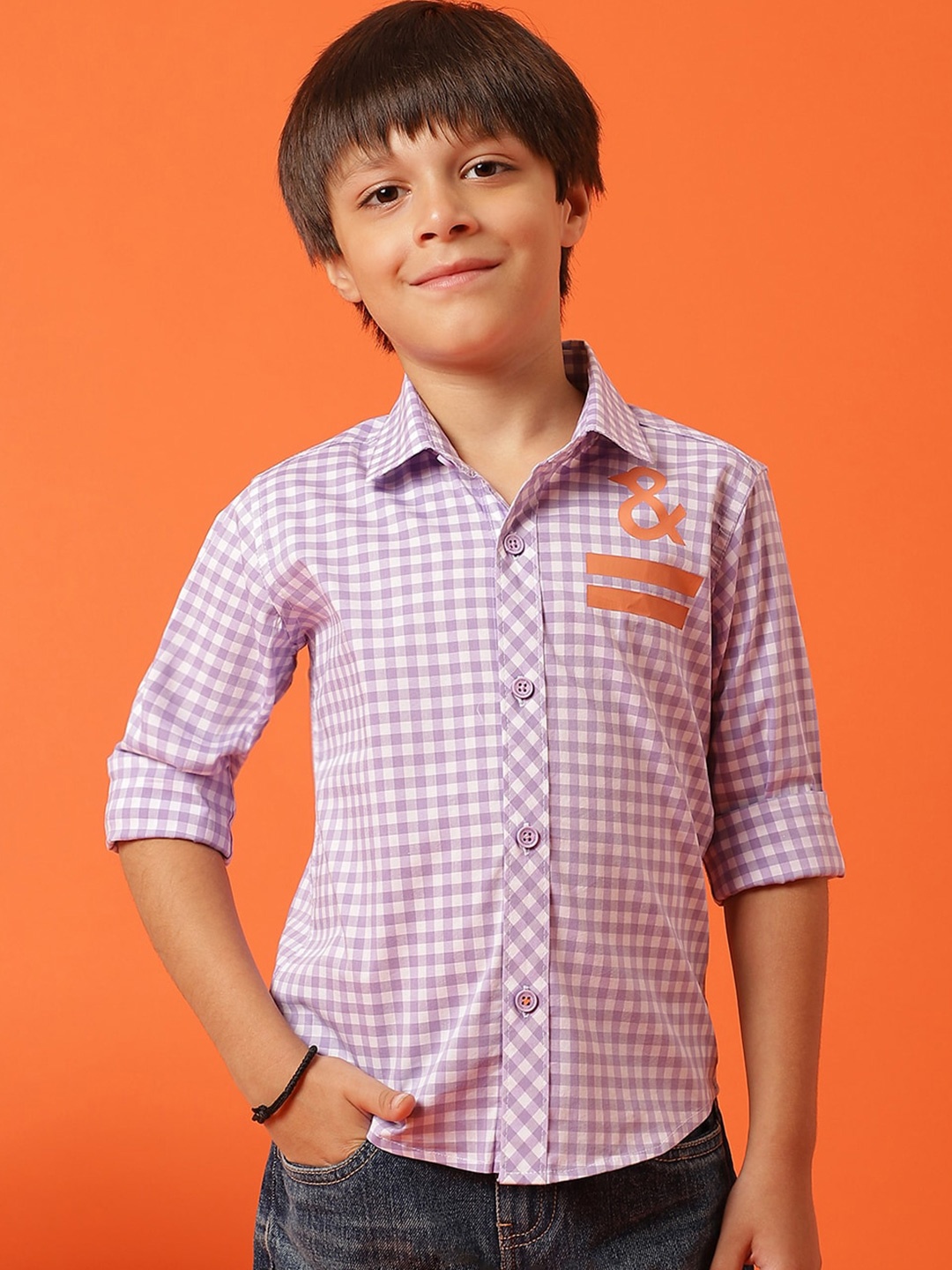 

TALES & STORIES Boys Checked Spread Collar Long Sleeves Casual Shirt, Purple