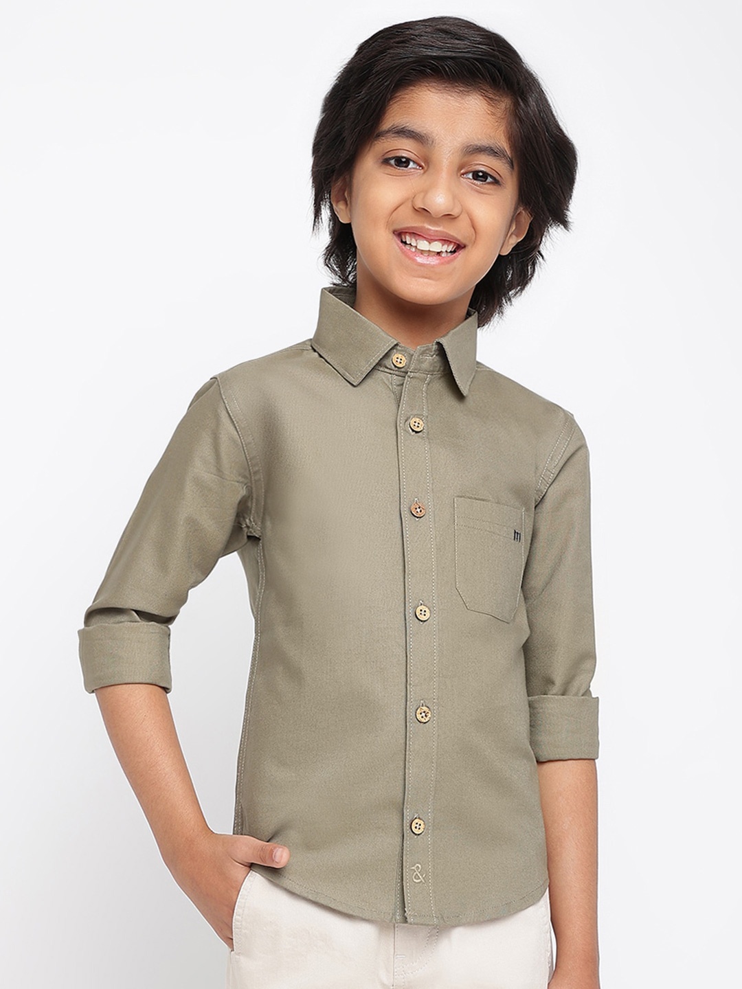 

TALES & STORIES Boys Spread Collar Cotton Opaque Casual Shirt, Olive