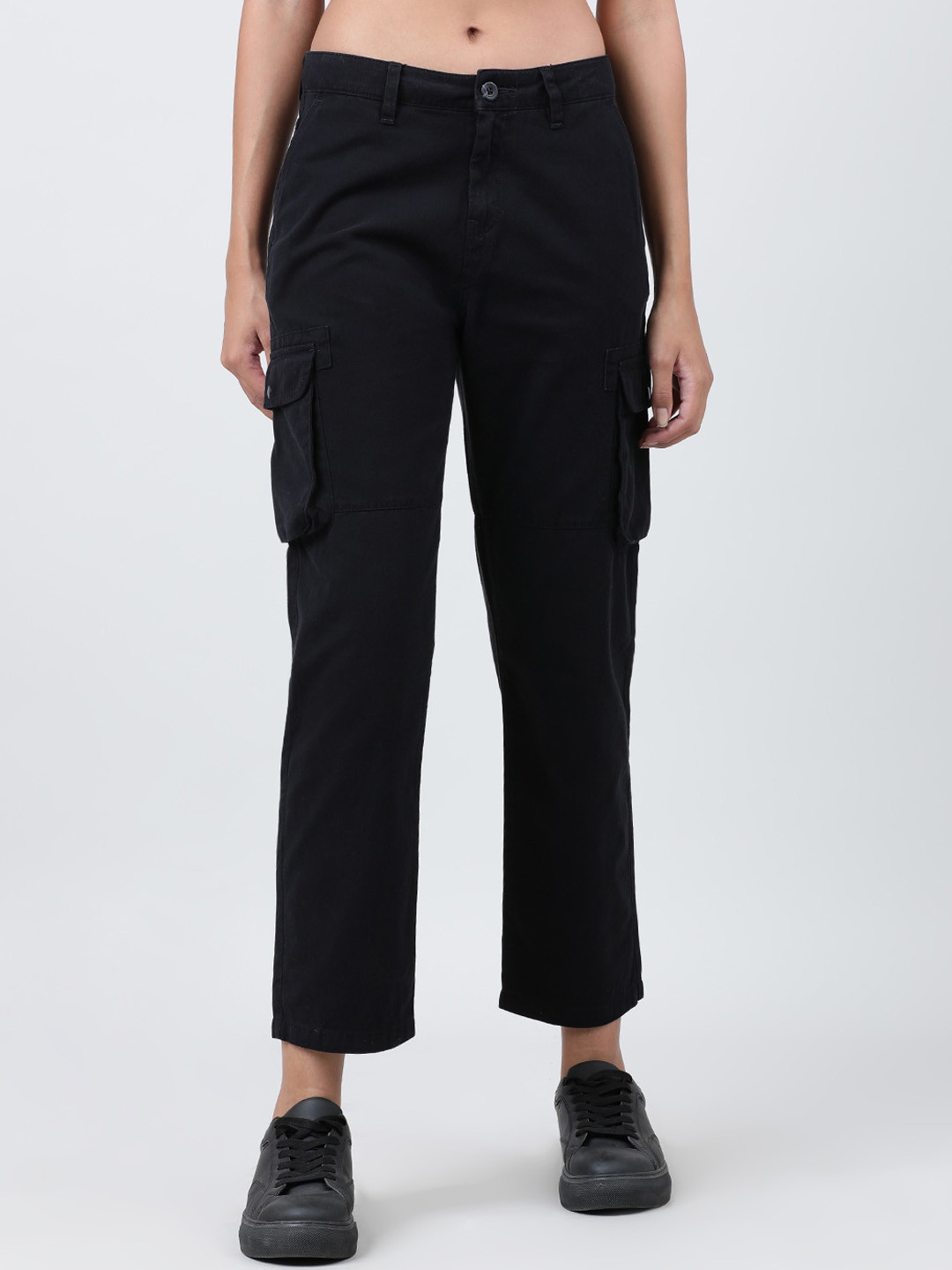 

IVOC Mid-Rise Regular Fit Cotton Cargos Casual Trousers, Black