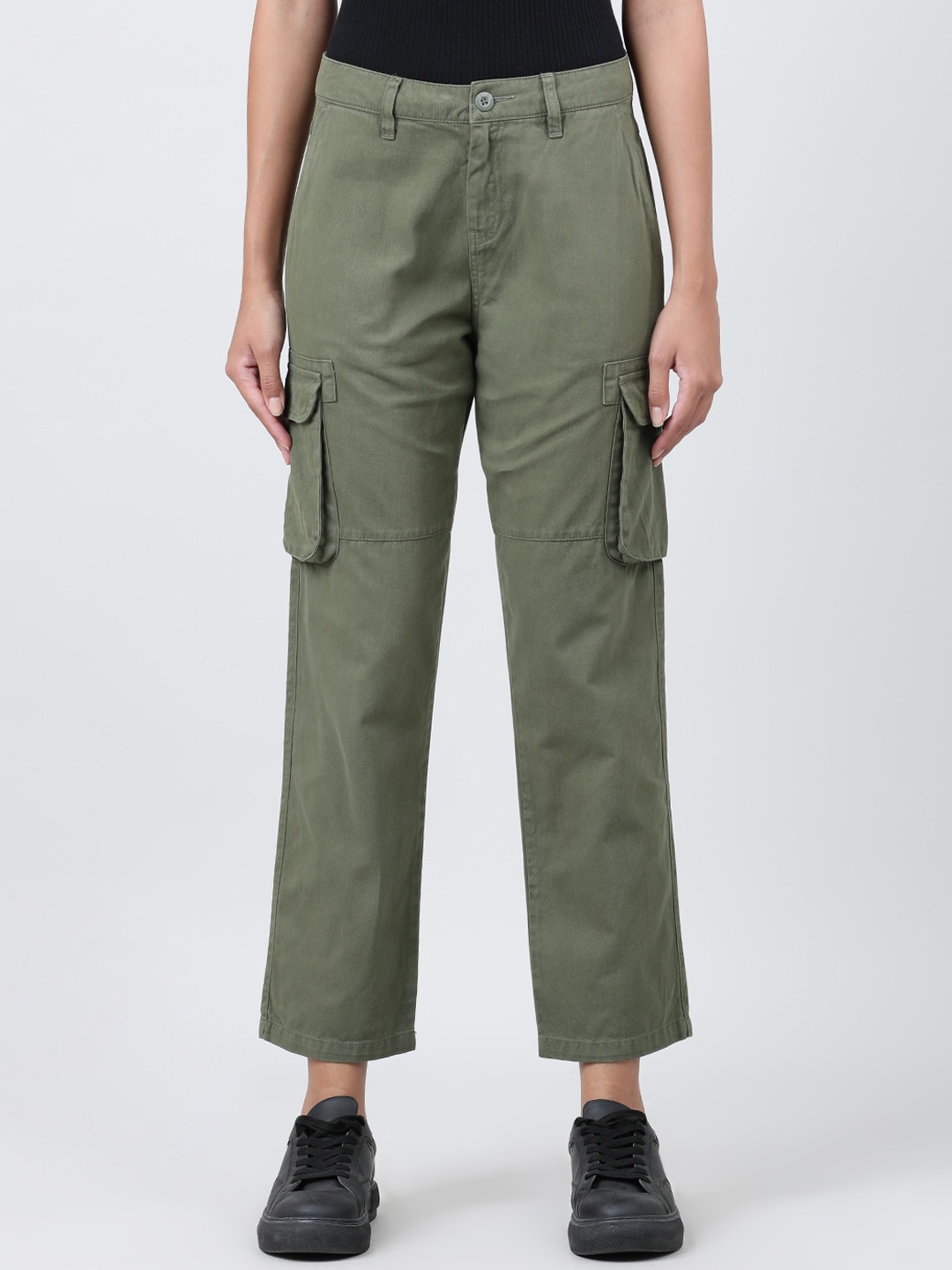 

IVOC Mid-Rise Regular Fit Cotton Cargos Casual Trousers, Olive