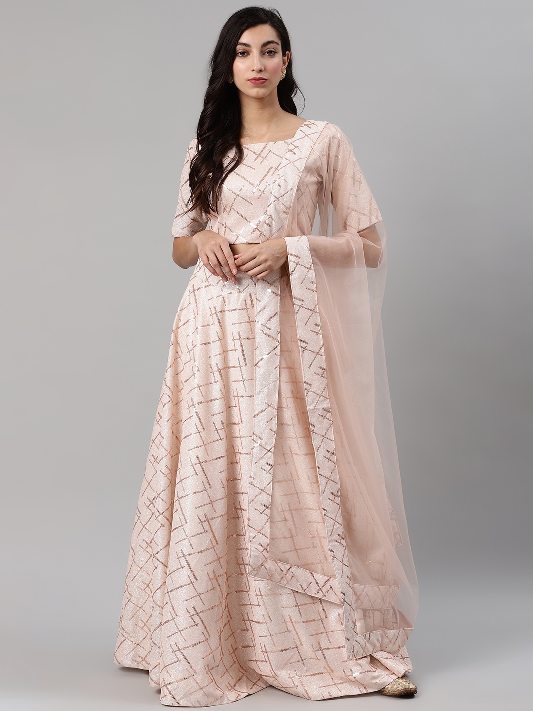 

SHUBHKALA Embellished Semi-Stitched Lehenga & Unstitched Blouse With Dupatta, Peach