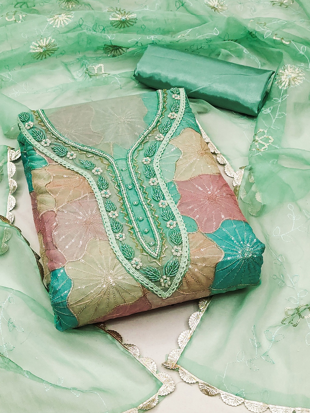 

KIMISHA Floral Printed Beads & Stones Embroidered Unstitched Dress Material, Sea green