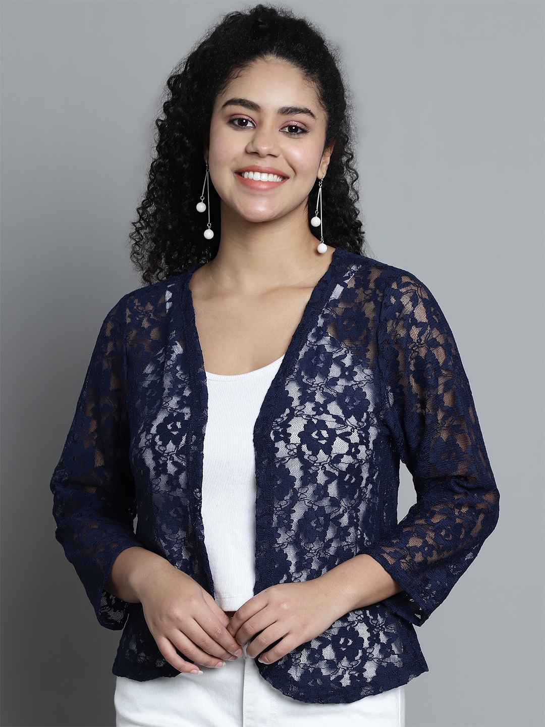 

Dressitude Women Self Design Cotton Open Front Shrug, Navy blue