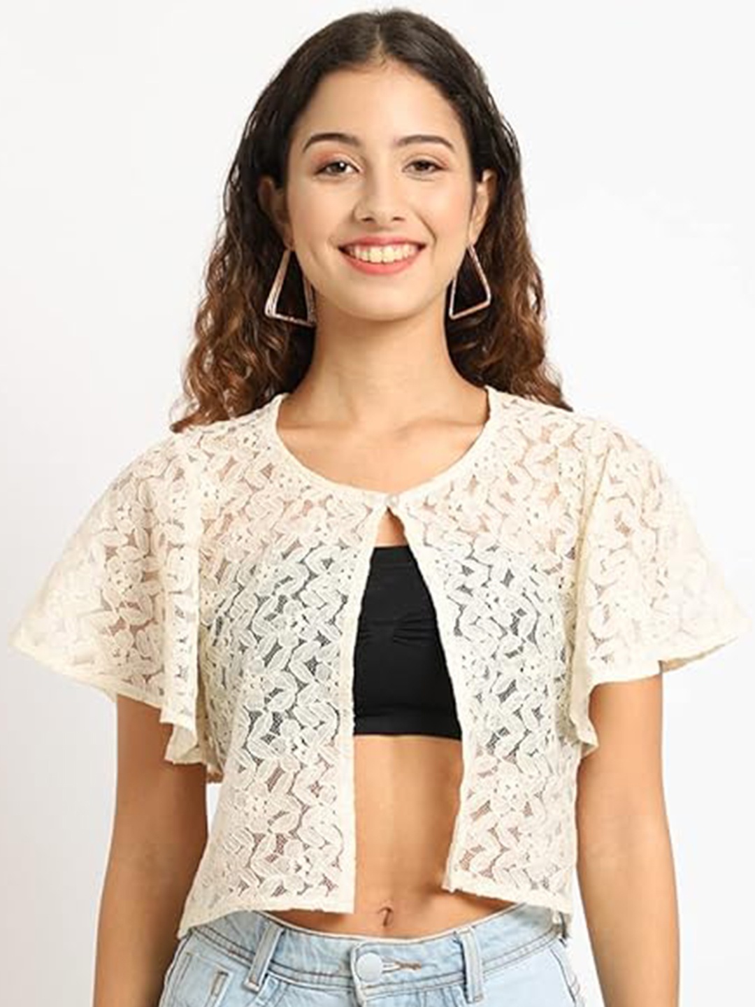 

Dressitude Self Designed Cotton Crop Sheer Button Shrug, Beige