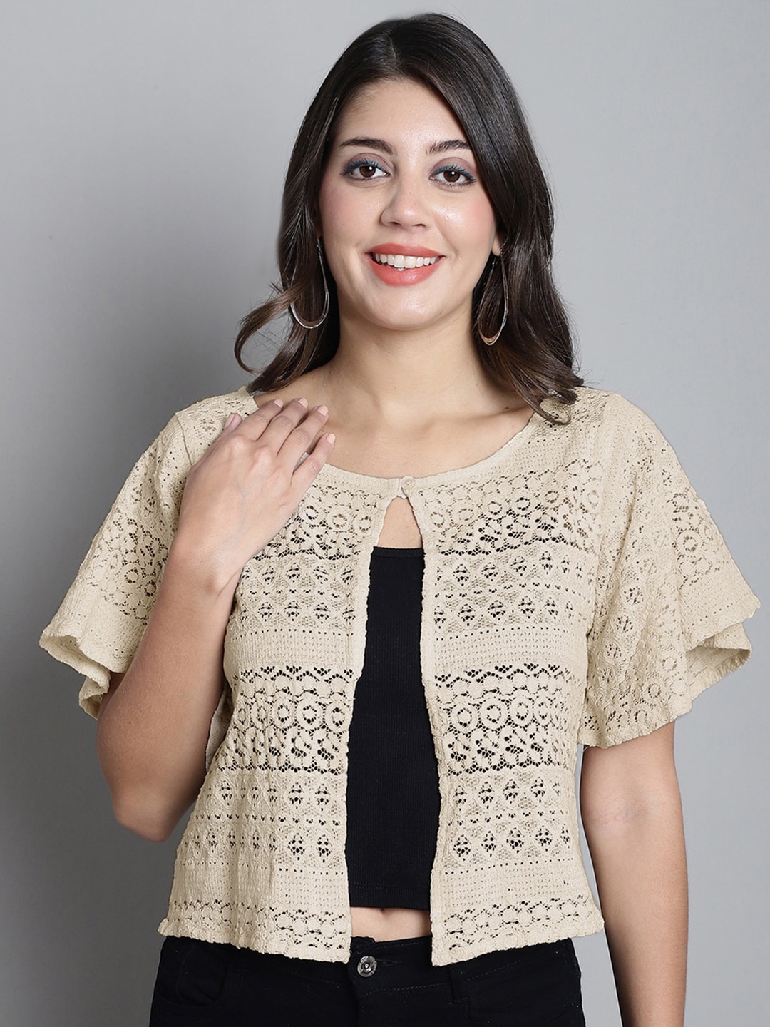 

Dressitude Self Design Flared Sleeves Cotton Crop Shrug, Beige