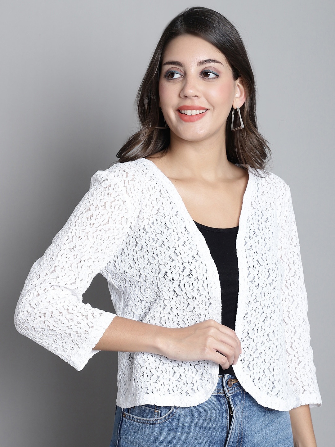 

Dressitude Self Designed Cotton Open Front Shrug, White