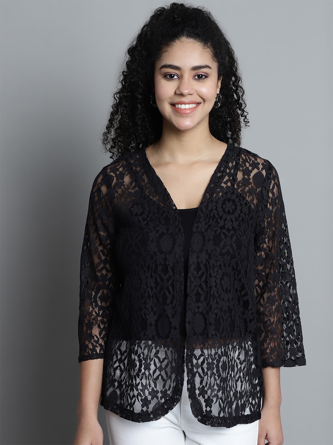 

Dressitude Women Self Design Cotton Open Front Shrug, Black