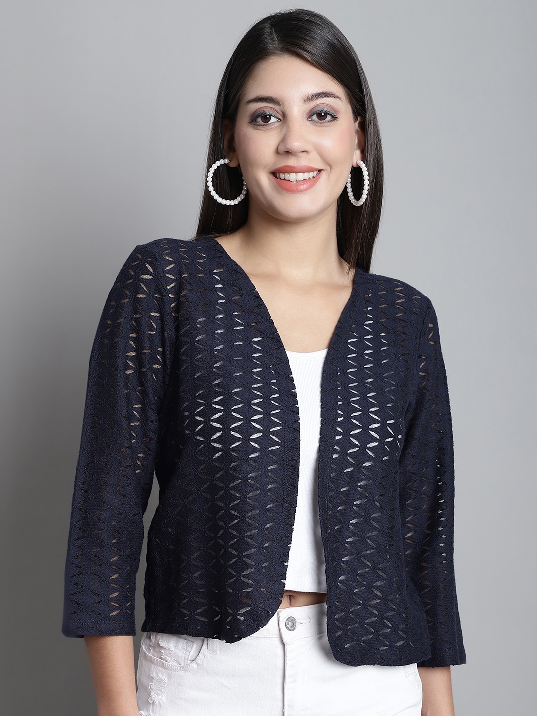 

Dressitude Self Design Longline Cotton Open Front Shrug, Navy blue