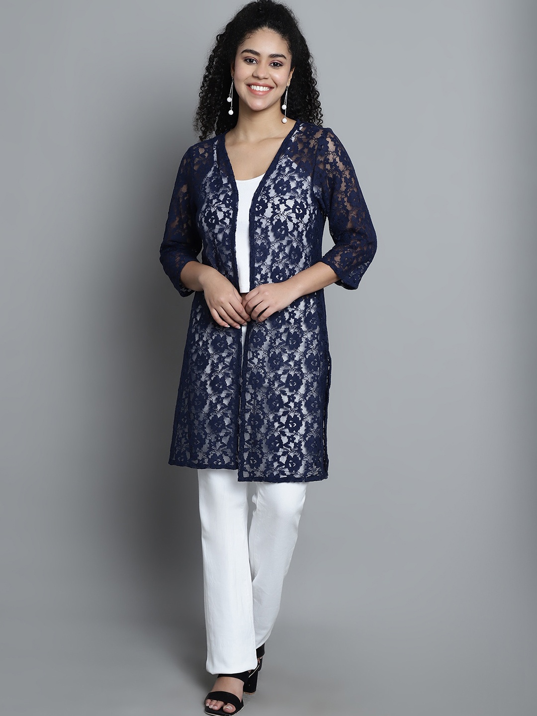 

Dressitude Self Design Longline Open Front Cotton Shrug, Blue