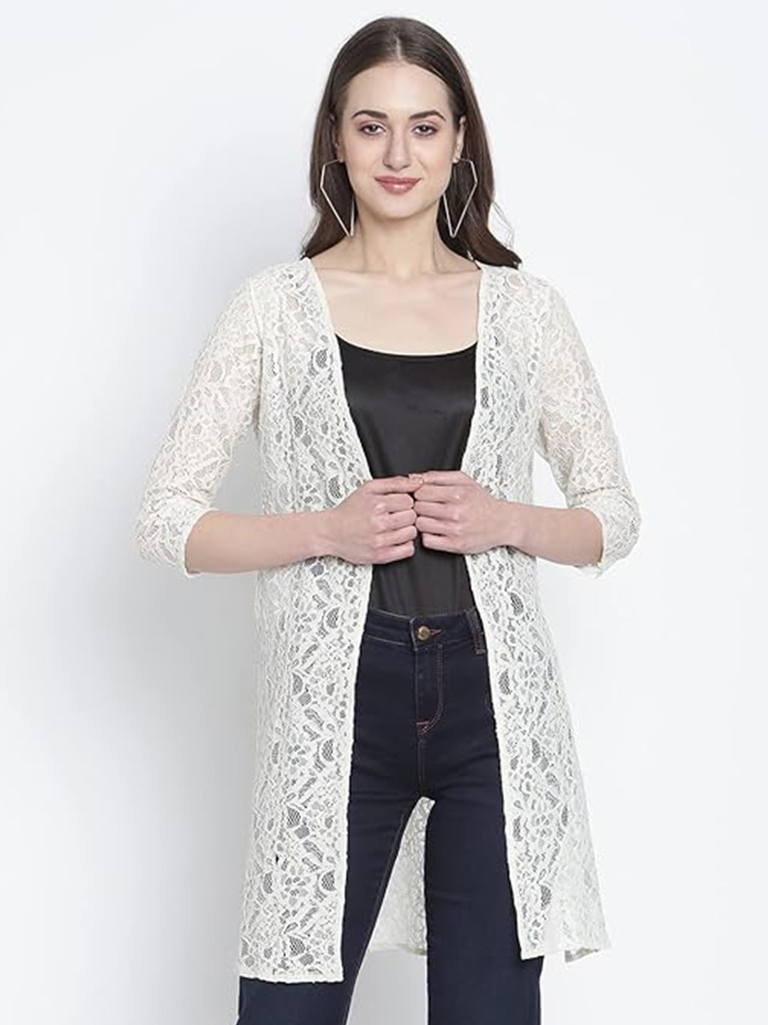 

Dressitude Self Design Longline Open Front Cotton Shrug, White