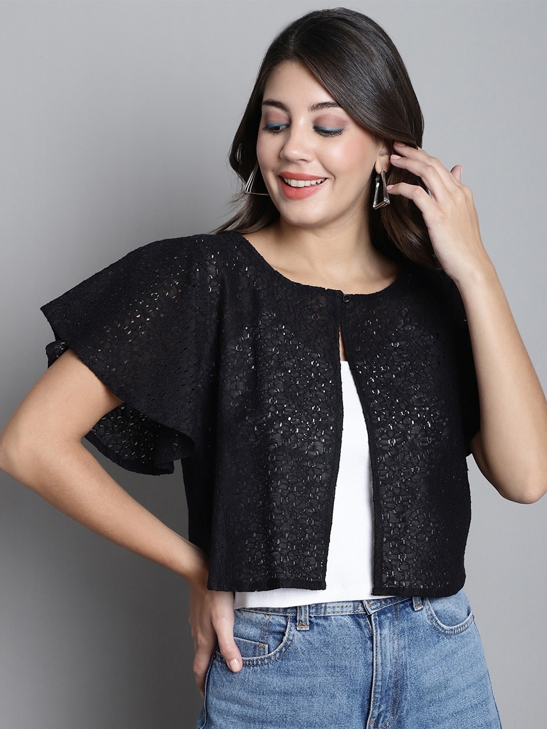 

Dressitude Self Design Flared Sleeves Cotton Crop Shrug, Black
