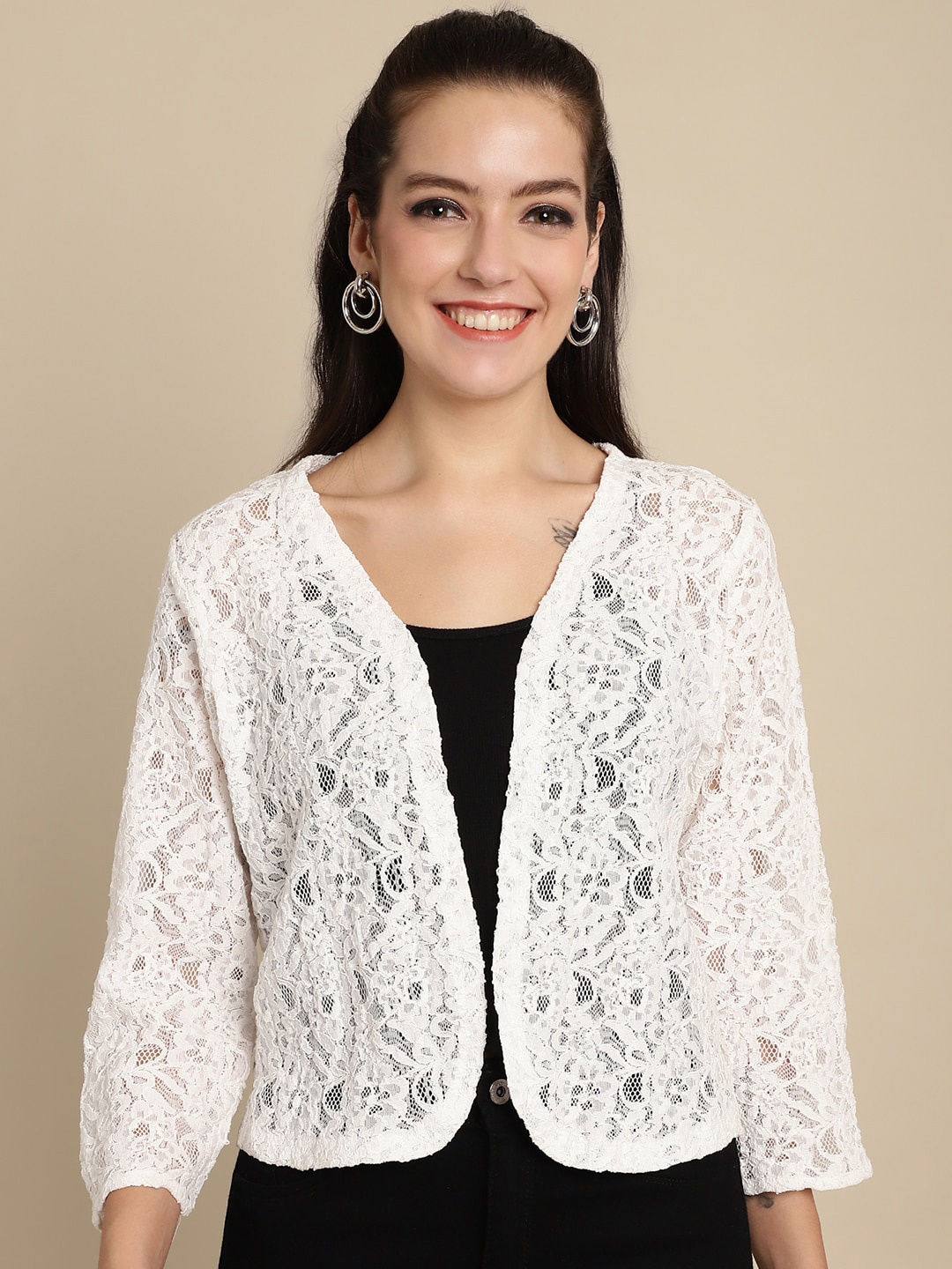 

Dressitude Self Design Cotton Open Front Shrug, White
