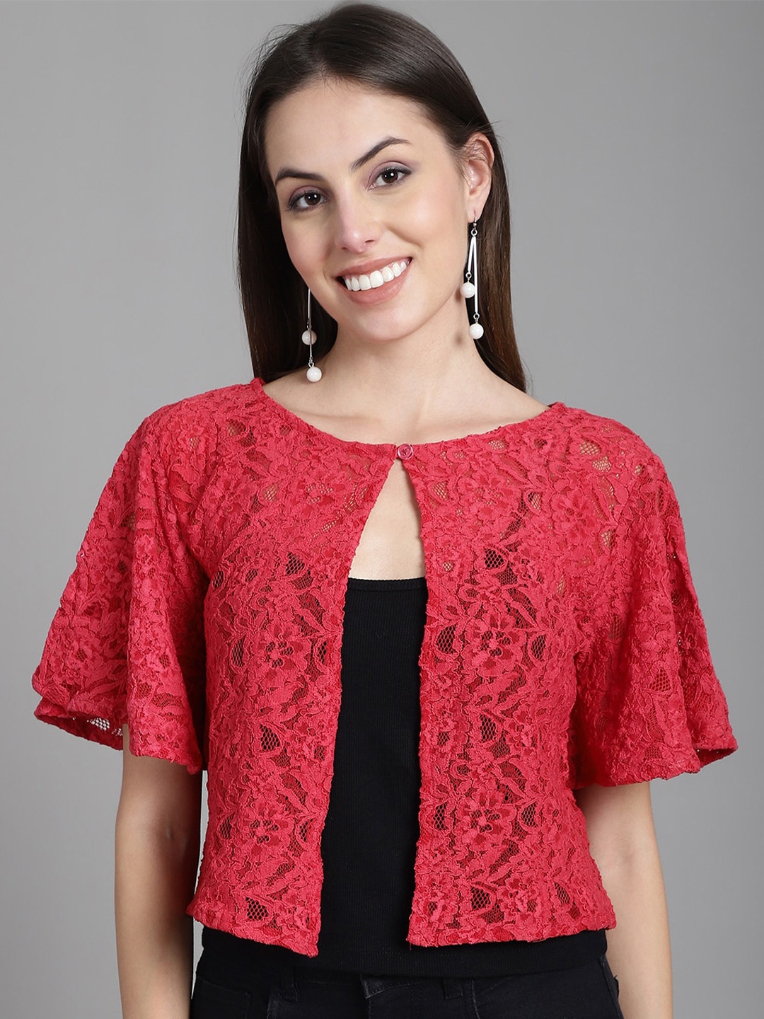

Dressitude Front Open Self Design Flared Sleeves Cotton Shrug, Red