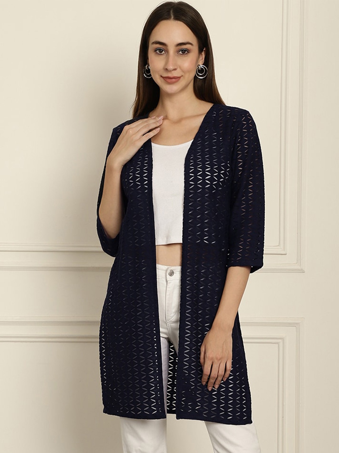 

Dressitude Self Design Longline Cotton Open Front Shrug, Navy blue