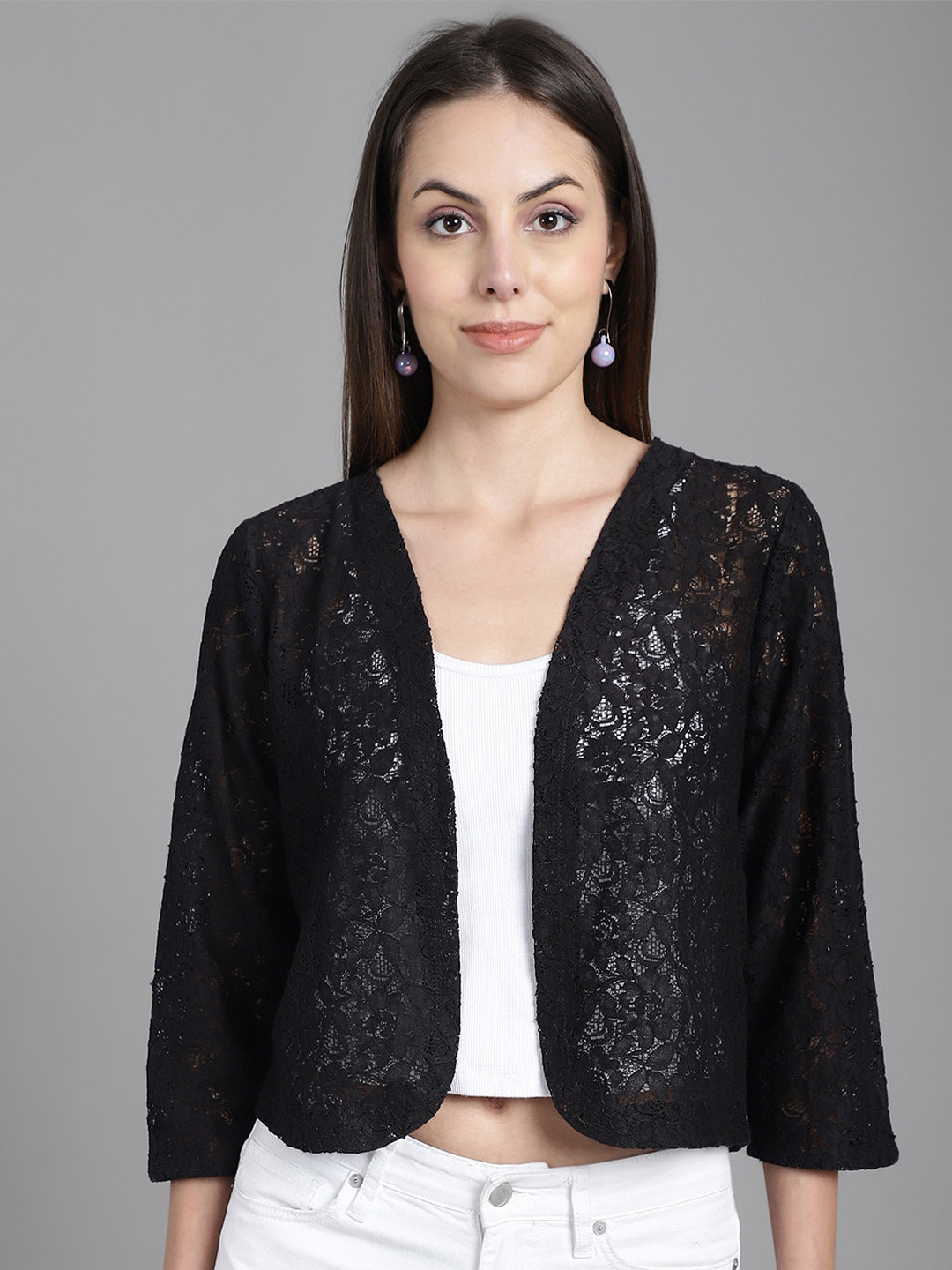 

Dressitude Self Design Cotton Open Front Shrug, Black