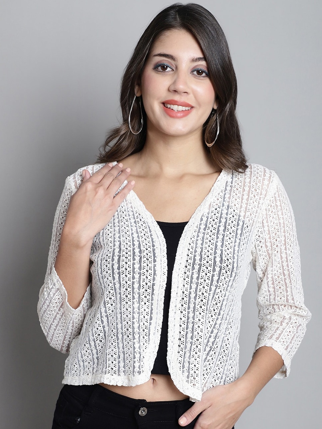 

Dressitude Self Designed Cotton Sheer Open Front Shrug, Cream
