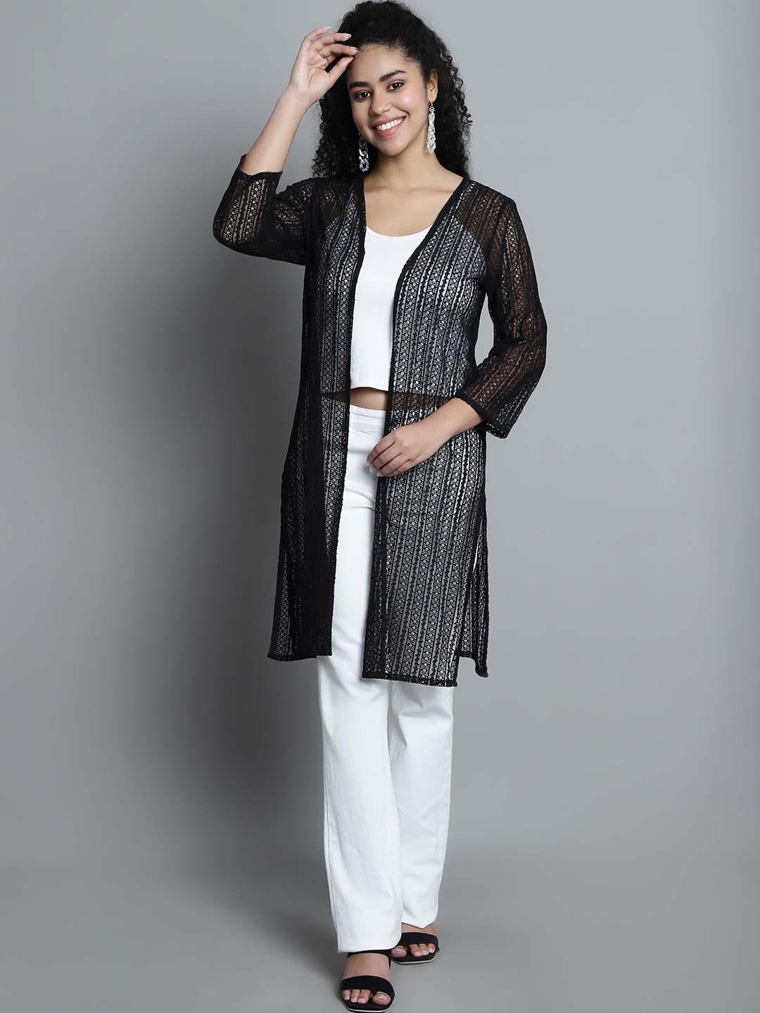 

Dressitude Self Designed Cotton Longline Open Front Shrug, Black