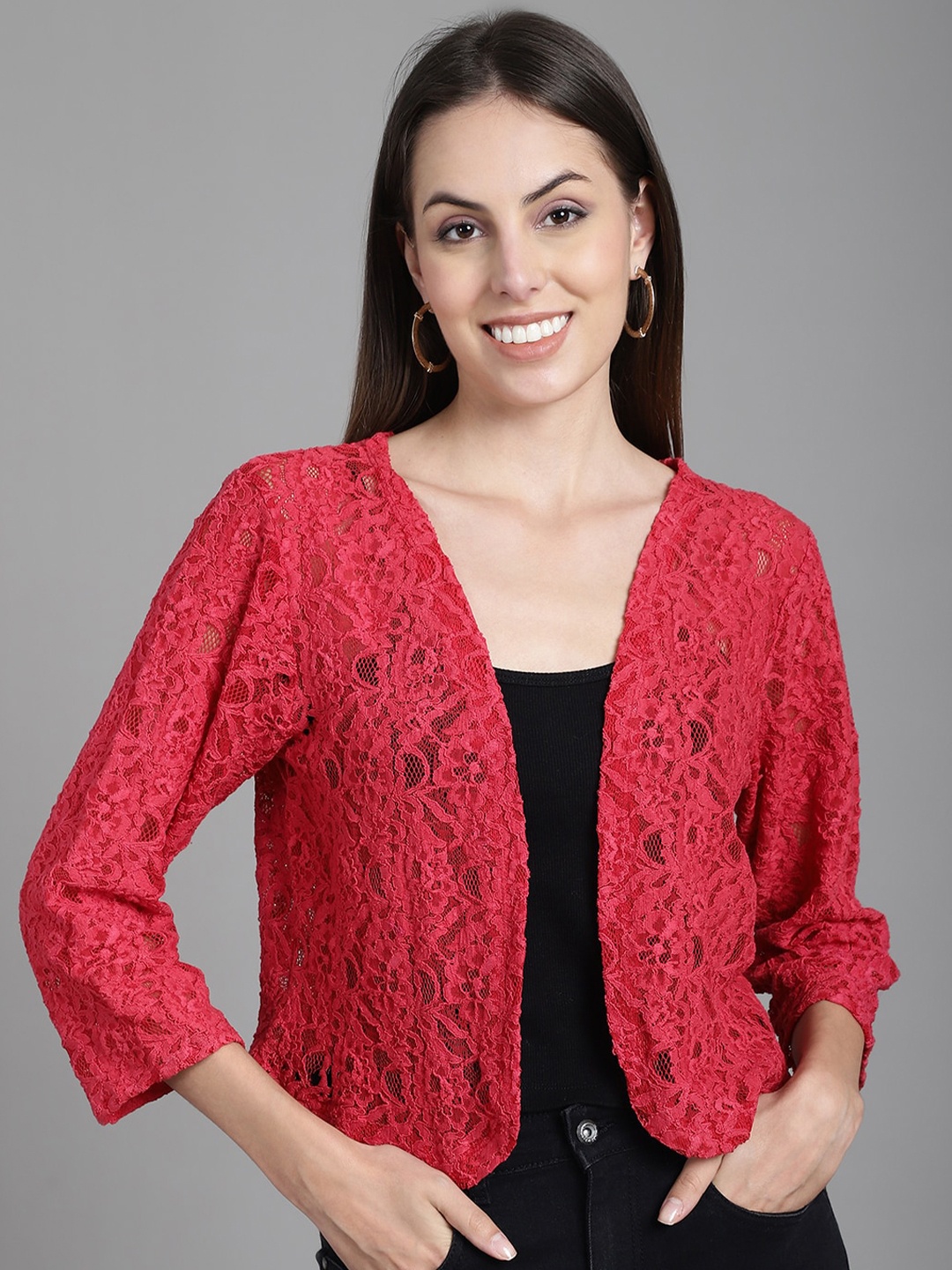 

Dressitude Self Design Three-Quarter Sleeves Open Front Crop Shrug, Red