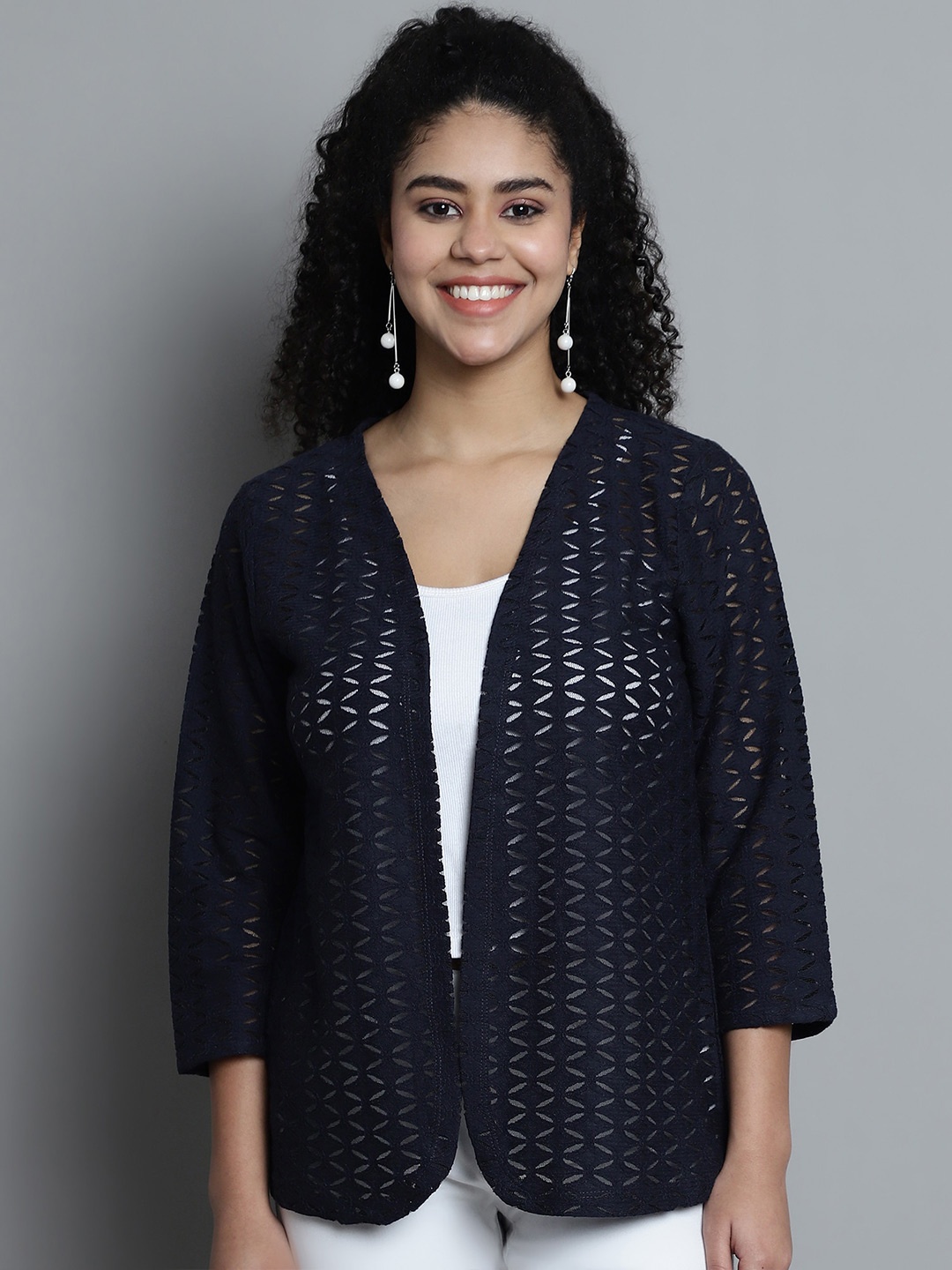 

Dressitude Self Design Cotton Open Front Shrug, Navy blue
