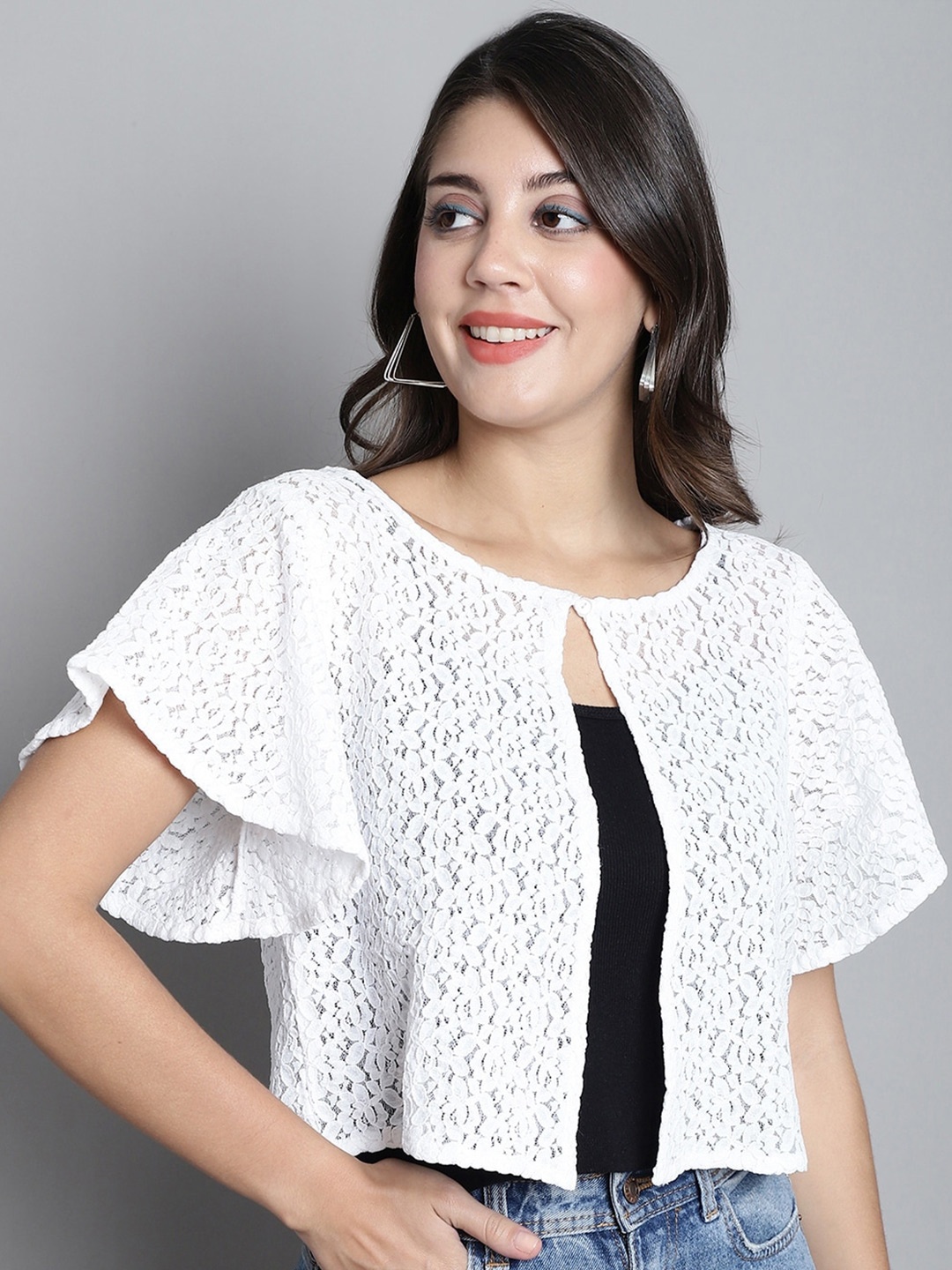 

Dressitude Self Design Flared Sleeves Cotton Crop Shrug, White