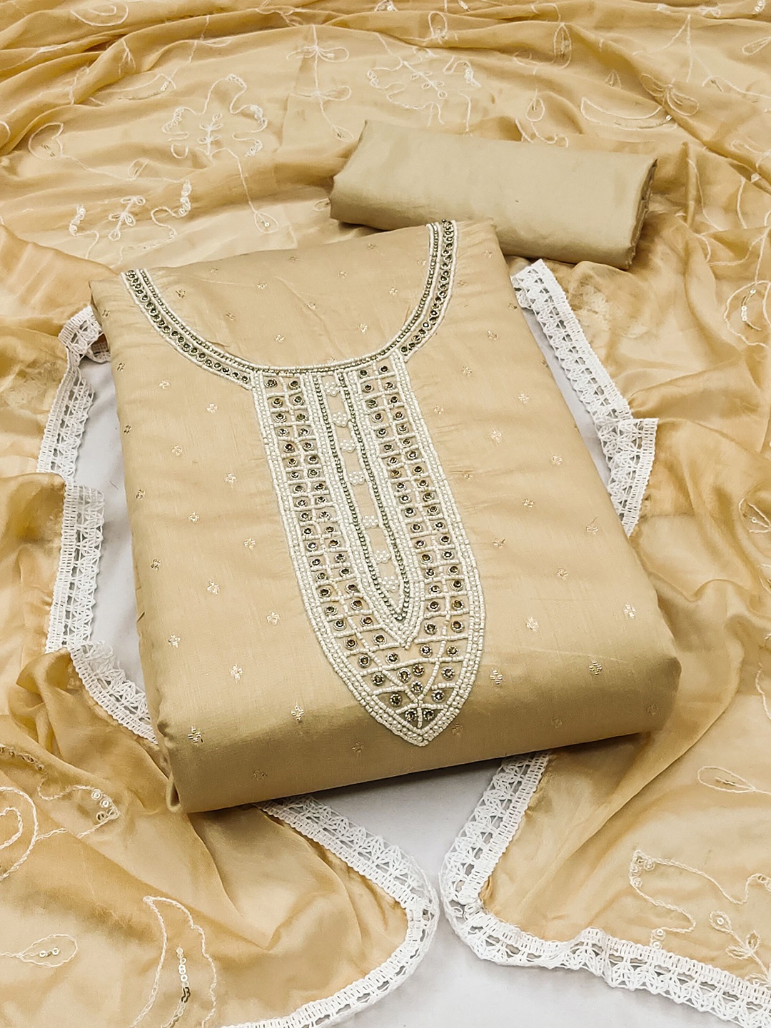 

KIMISHA Unstitched Beads and Stones Dress Material, Beige