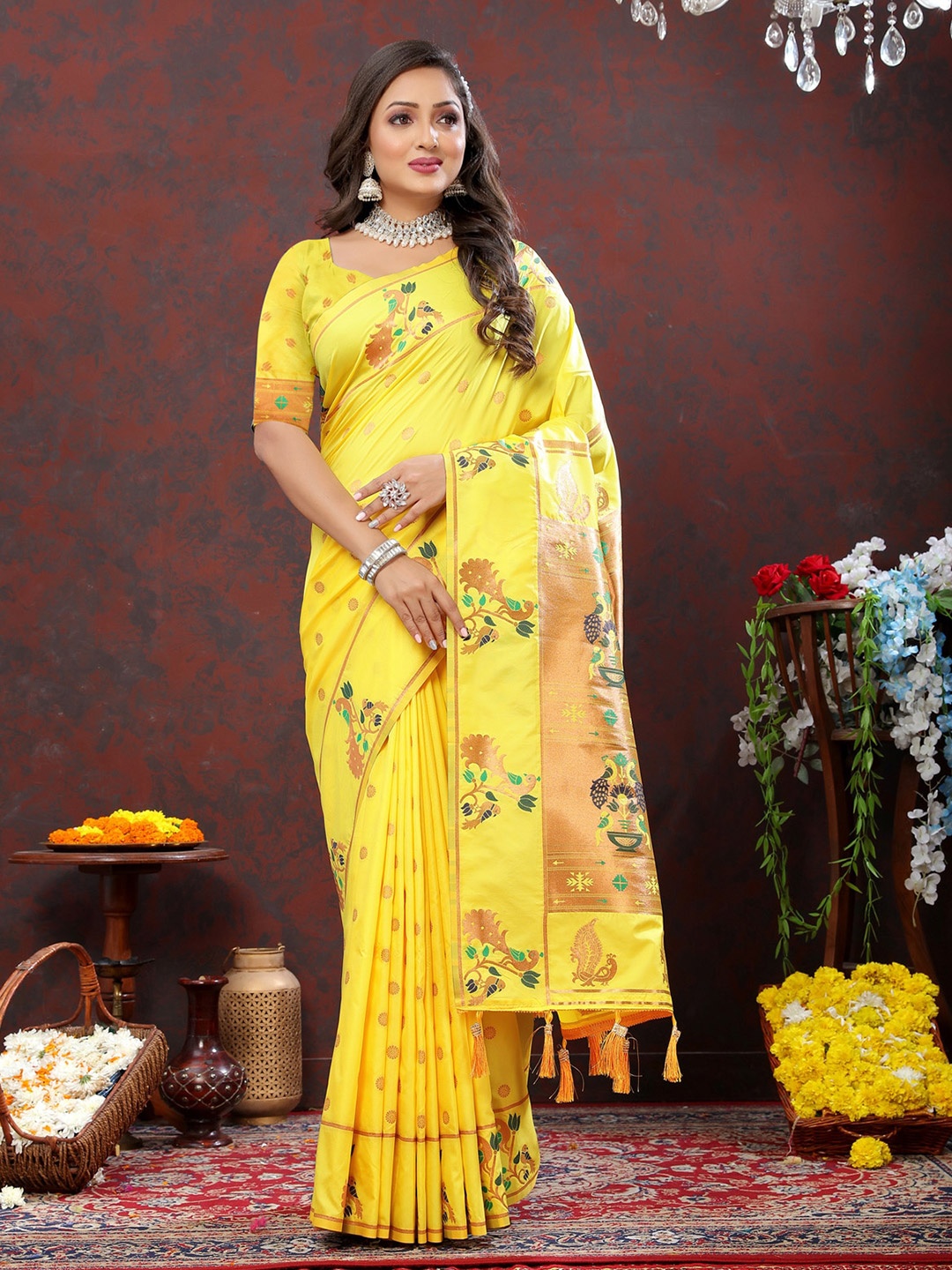 

OFLINE SELECTION Floral Woven Design Zari Paithani Saree, Yellow