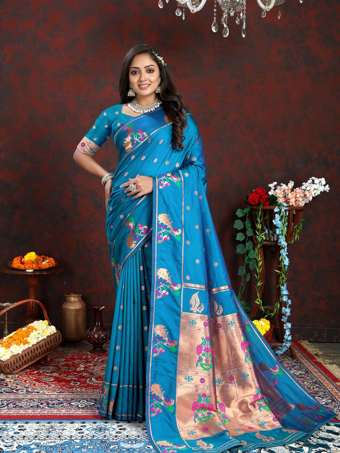 

OFLINE SELECTION Floral Woven Design Zari Paithani Saree, Teal