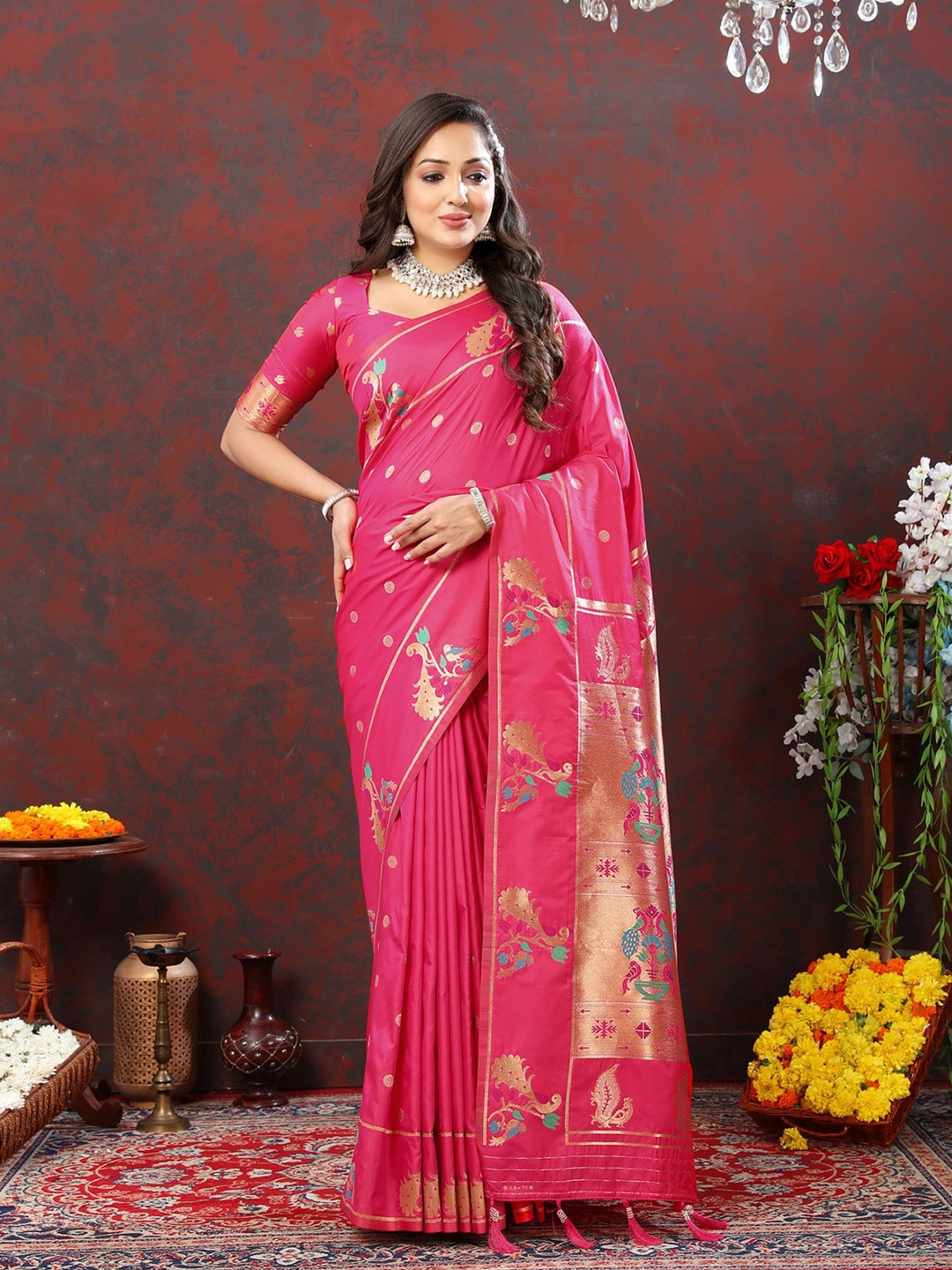 

OFLINE SELECTION Ethnic Motifs Woven Design Zari Paithani Saree, Pink