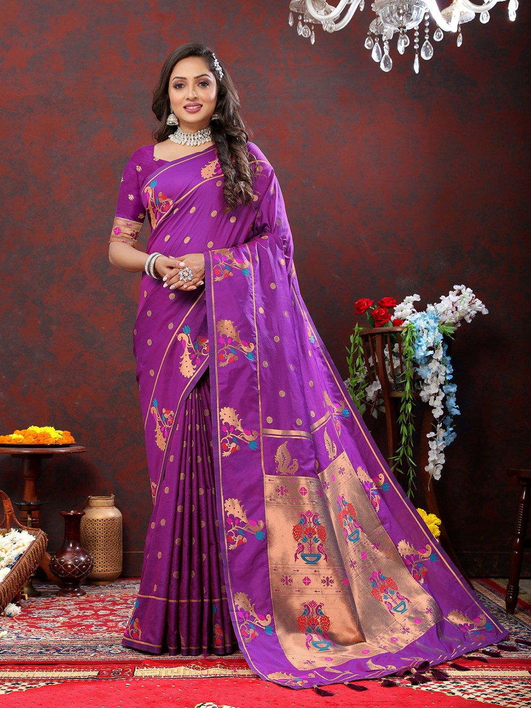 

OFLINE SELECTION Ethnic Motifs Woven Design Zari Paithani Saree, Magenta