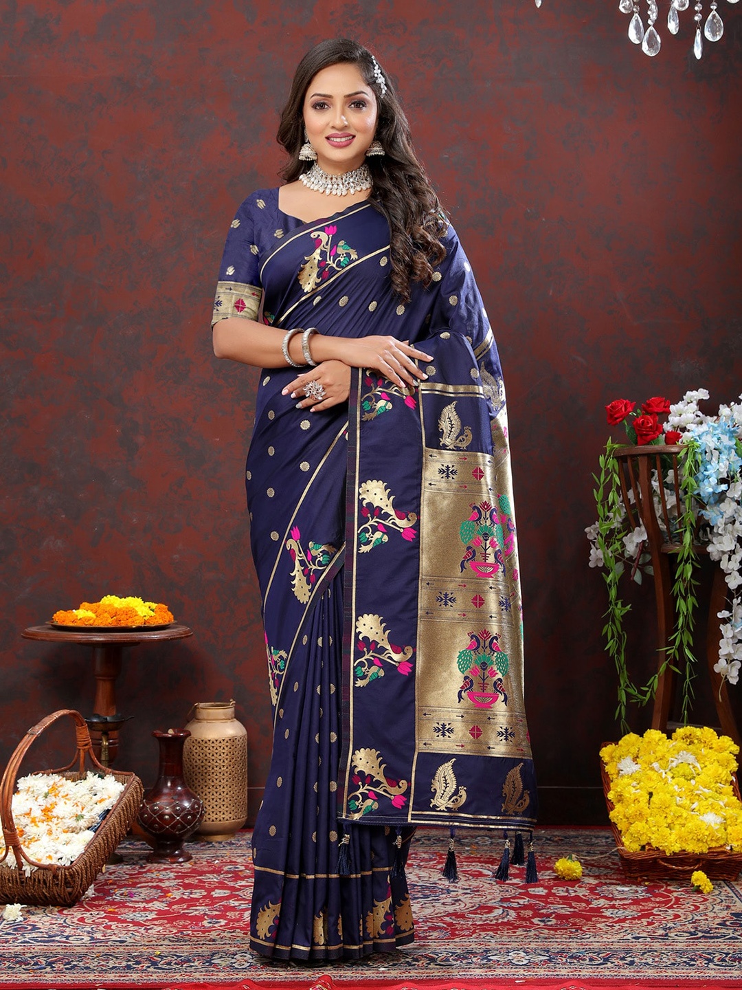 

OFLINE SELECTION Ethnic Motifs Woven Design Zari Paithani Saree, Navy blue