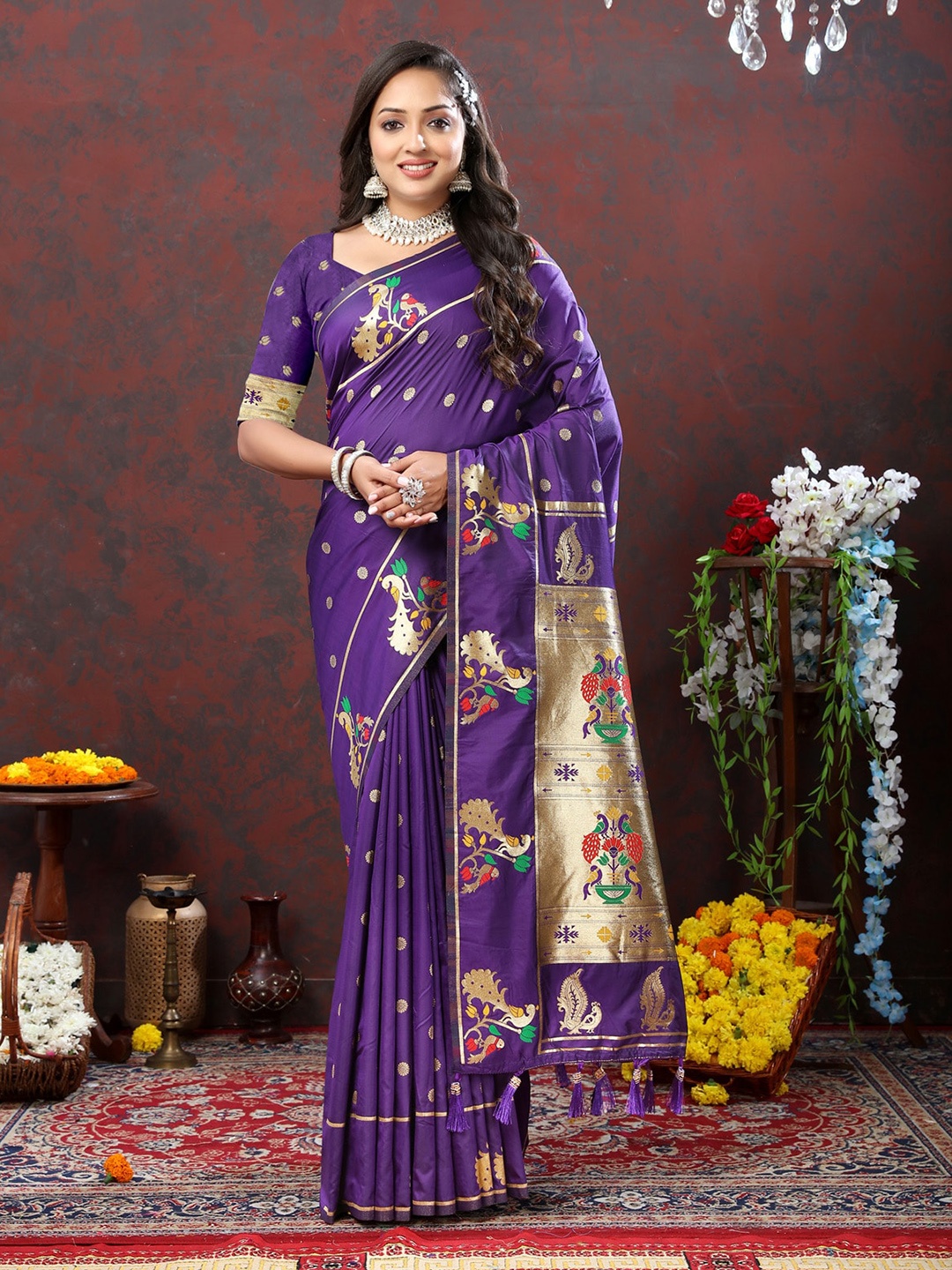 

OFLINE SELECTION Ethnic Motifs Woven Design Zari Paithani Saree, Purple