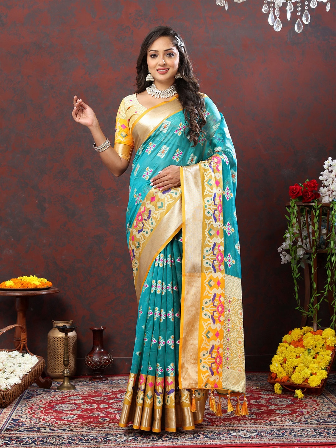 

OFLINE SELECTION Ethnic Motifs Woven Design Zari Organza Banarasi Saree, Teal