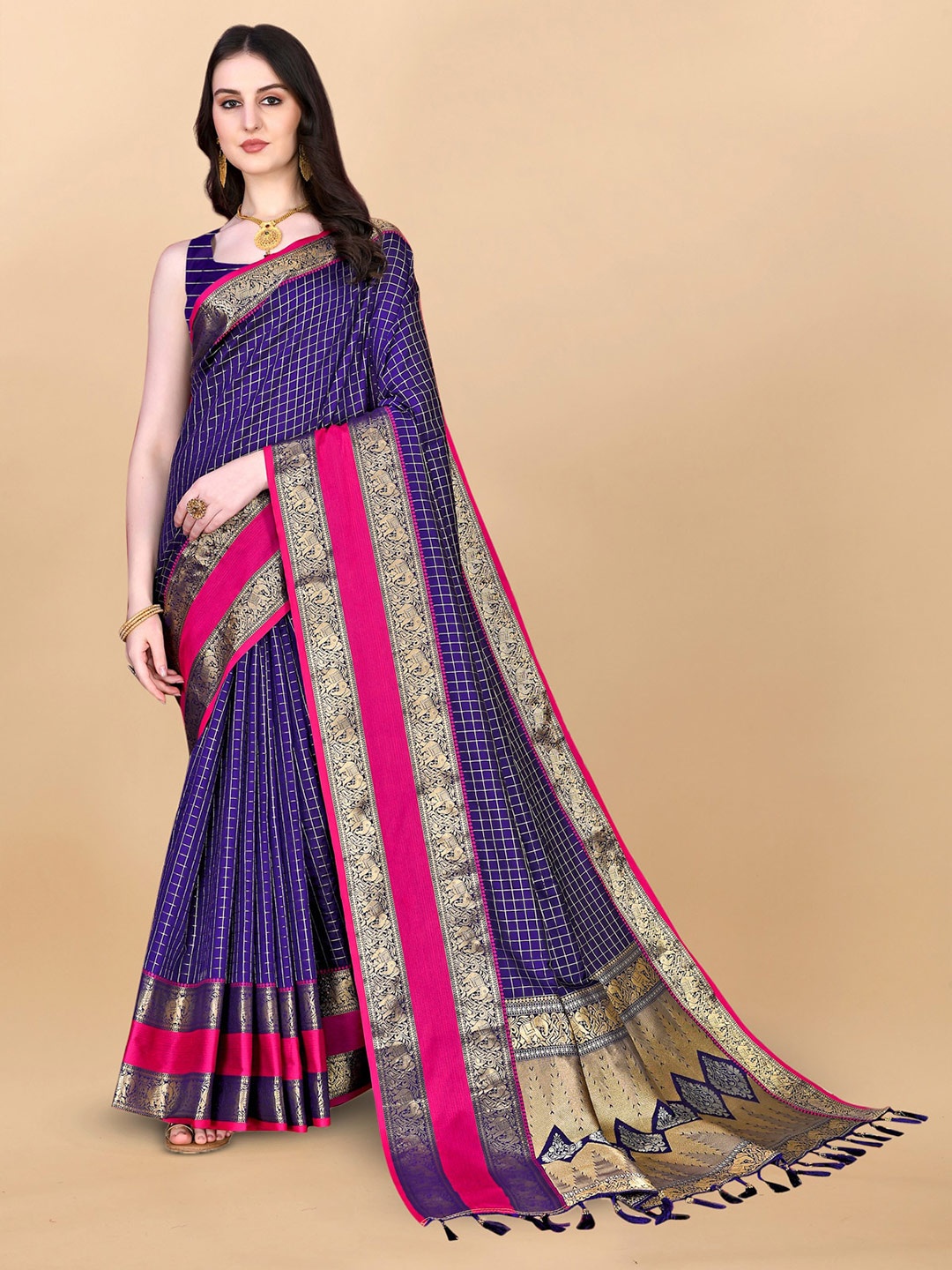 

OFLINE SELECTION Checked Zari Kanjeevaram Saree, Blue