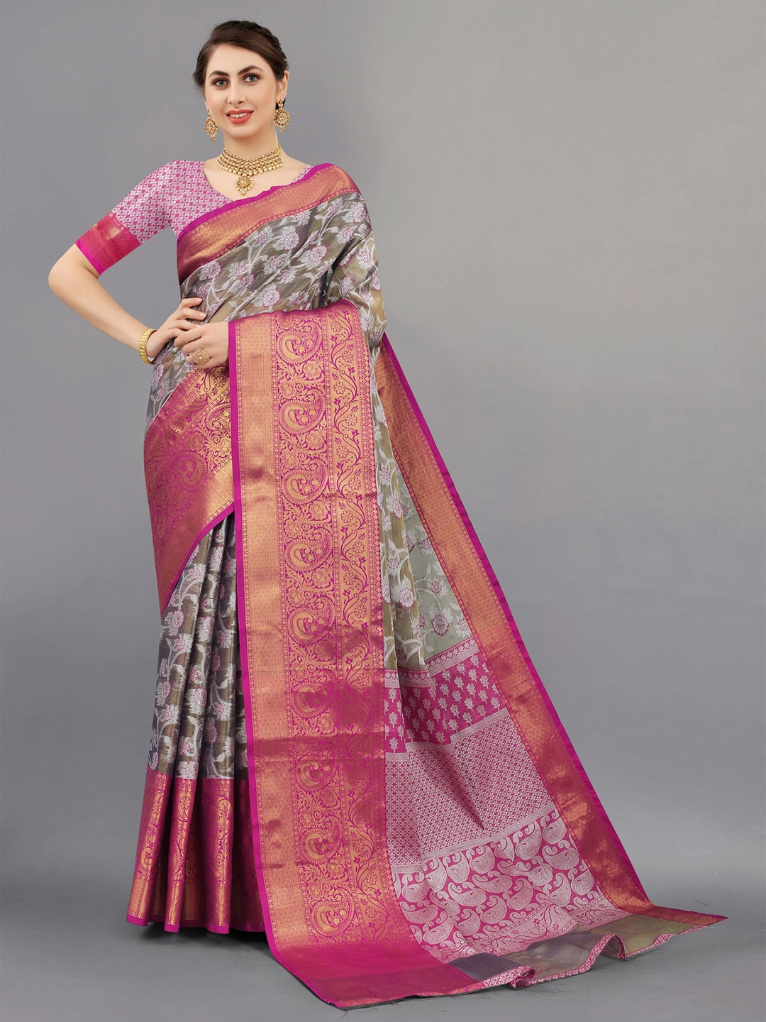 

OFLINE SELECTION Ethnic Motifs Zari Organza Banarasi Saree, Brown