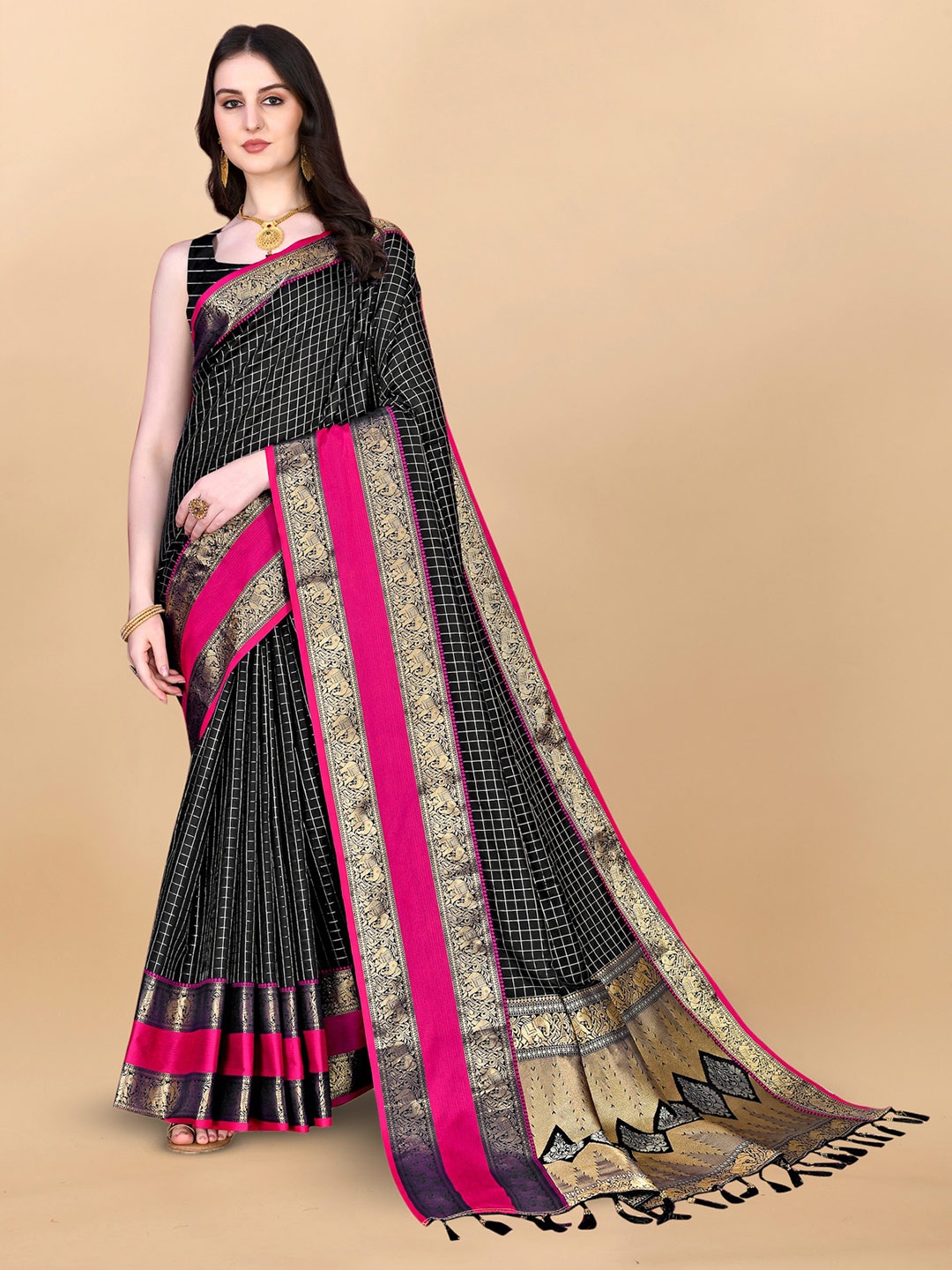 

OFLINE SELECTION Checked Zari Silk Kanjeevaram Saree, Black