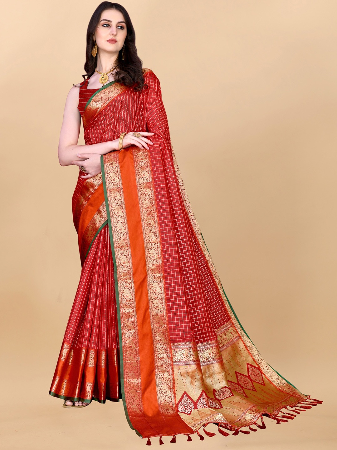 

OFLINE SELECTION Checked Zari Silk Kanjeevaram Saree, Red