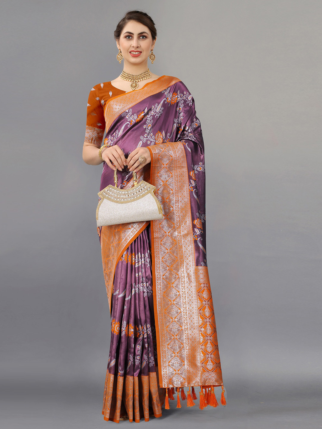 

OFLINE SELECTION Woven Design Floral Zari Silk Kanjeevaram Saree, Purple